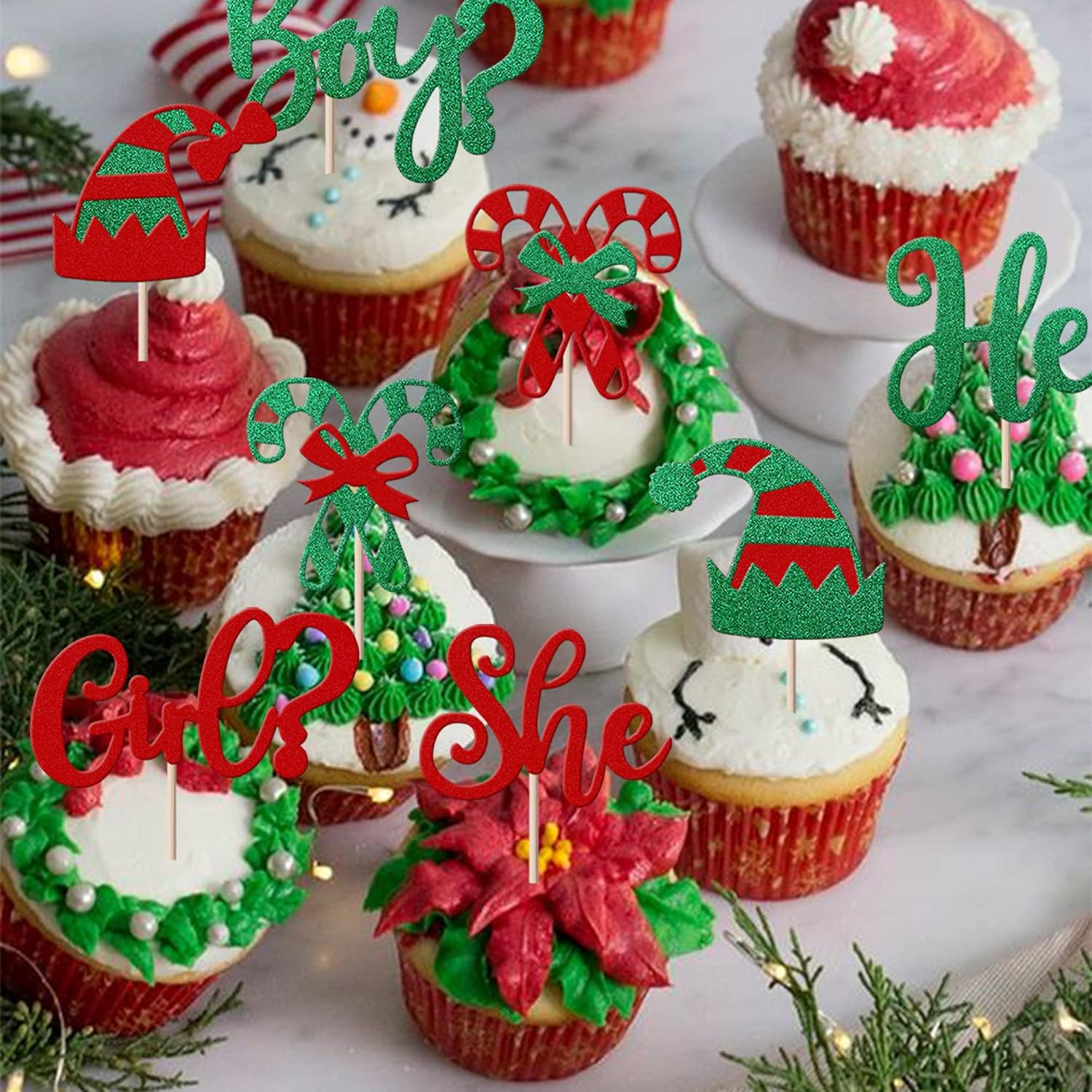 24 Pack Christmas Boy or Girl Cupcake Toppers Glitter He or She Christmas Elf Cupcake Picks for Gender Reveal Theme Baby Shower Birthday Christmas Party Cake Decorations Supplies image number 6
