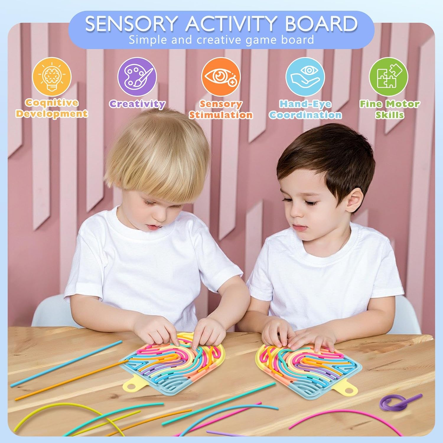 Silicone Sensory Activity Board, Double-Side Fidget Toy for Anxiety, Stress, ADHD, Autism and Calming, Silent, No Mess, Sensory Board with Portable Travel Bag & 12 Strings, Kids 3+ & Adults, Colorful image number 3