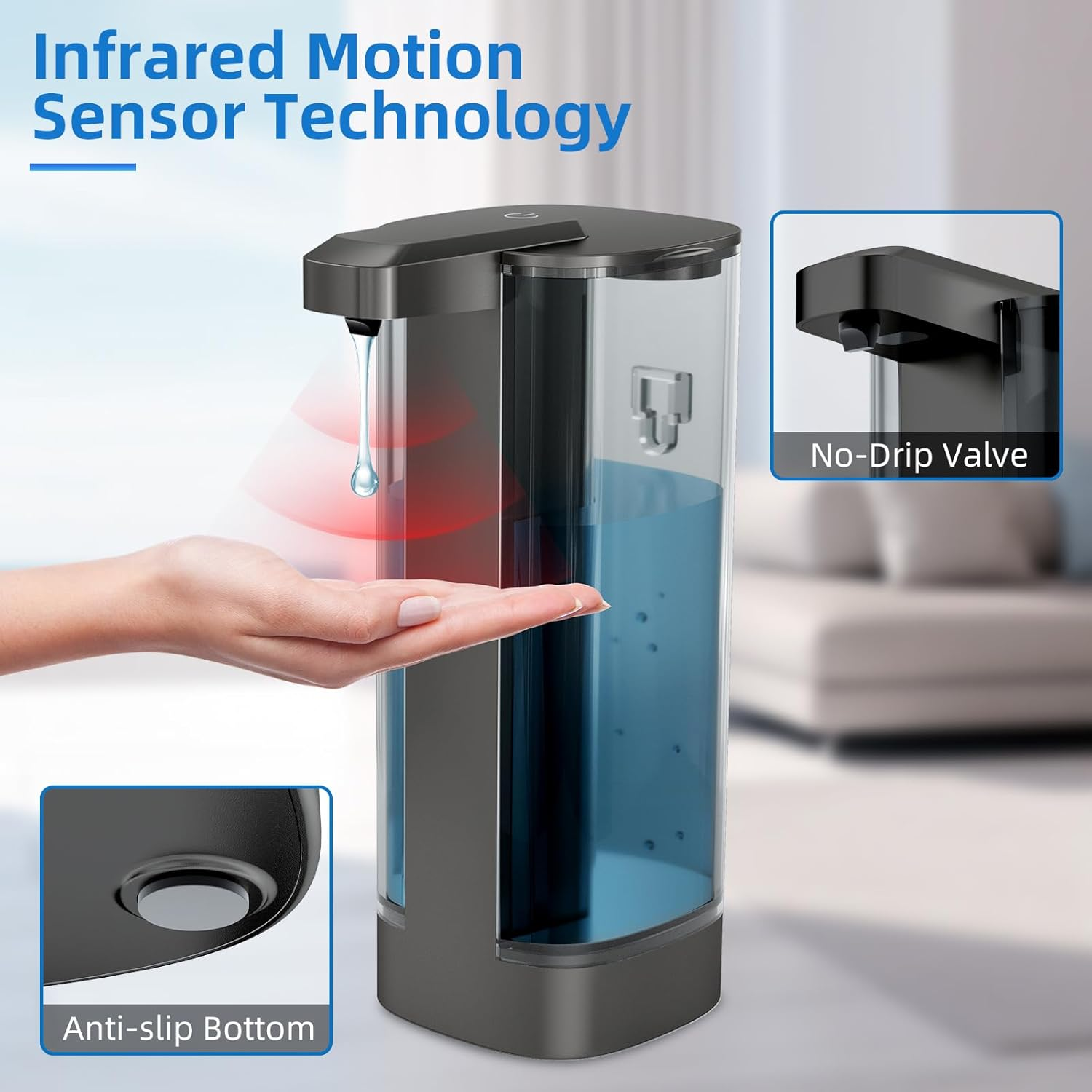 Automatic Liquid Soap Dispenser 17Oz/500Ml Touchless Dish Soap Dispenser IPX5 Waterproof 4 Adjustable Dispensing Levels,Usb Liquid Hand Soap Dispenser Electric for Kitchen Bathroom Hotel (Black)
