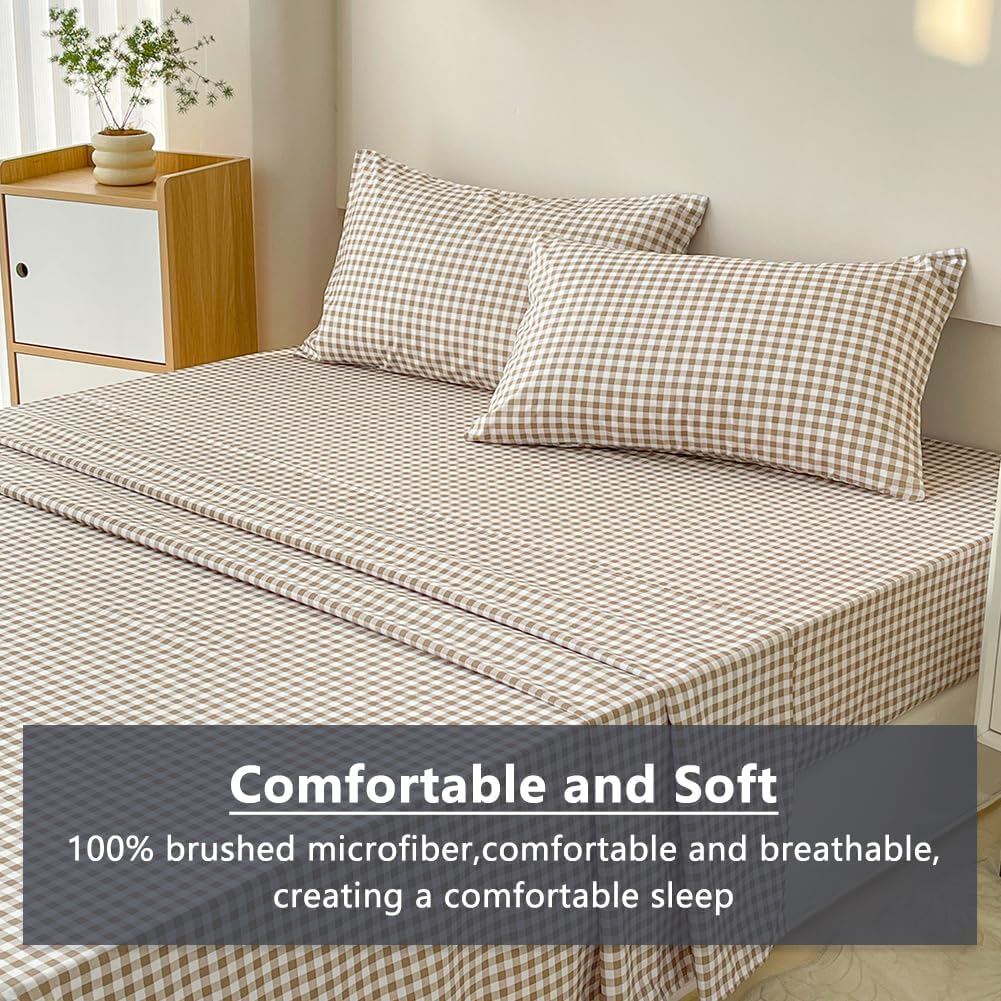 NSNLGSGC Tan Gingham Queen Sheet Set, Soft Brushed Microfiber Taupe Plaid Queen Bed Sheets, 4-Pieces Brown Grid Sheet Set with Deep Pocket image number 2