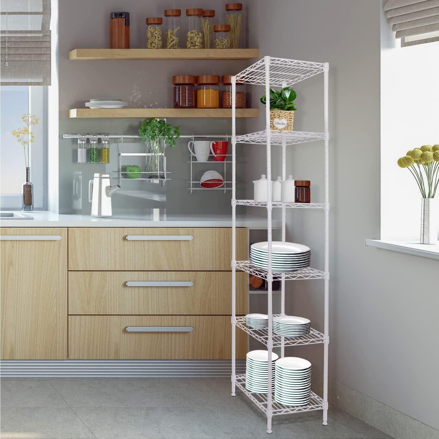 6-Tier Storage Shelves Standing Shelving Metal Units, Adjustable Height Wire Shelf Display Rack for Pantry Laundry Bathroom Kitchen (White)