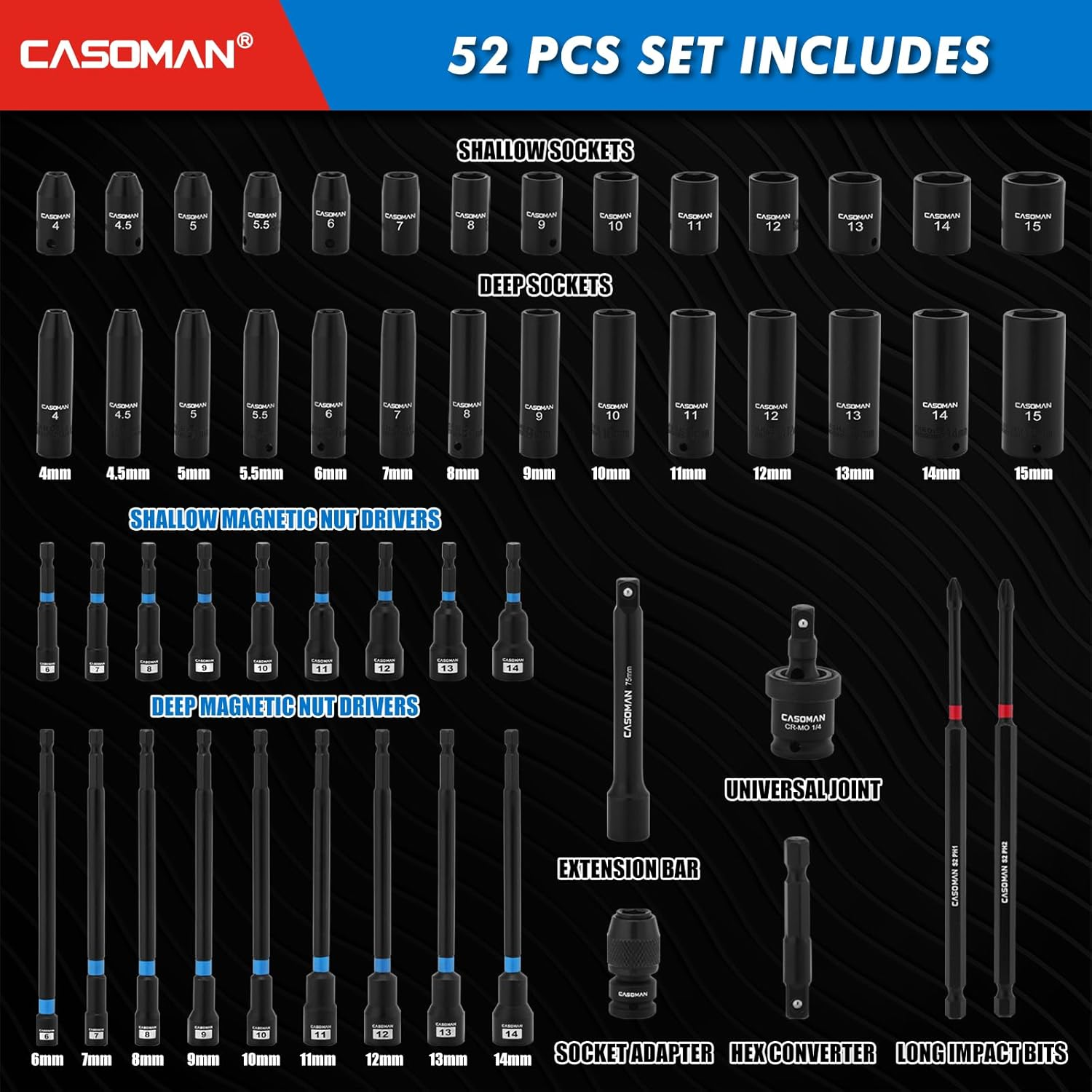 CASOMAN 52 PCS 1/4" Drive Magnetic Nut Driver & Socket Set & Accessory Set, Metric, 50BV30 and S2 image number 3