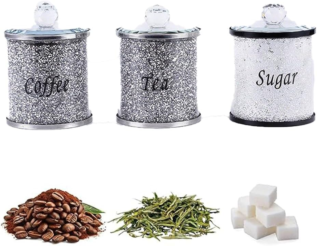 3 Pack Diamonds Canisters Set, Decorative Coffee Tea Sugar Canisters with Crushed Crystal Diamonds, Glass Food Storage Containers, Bling Jar for Kitchen Countertop Decor with Label & Lid image number 6