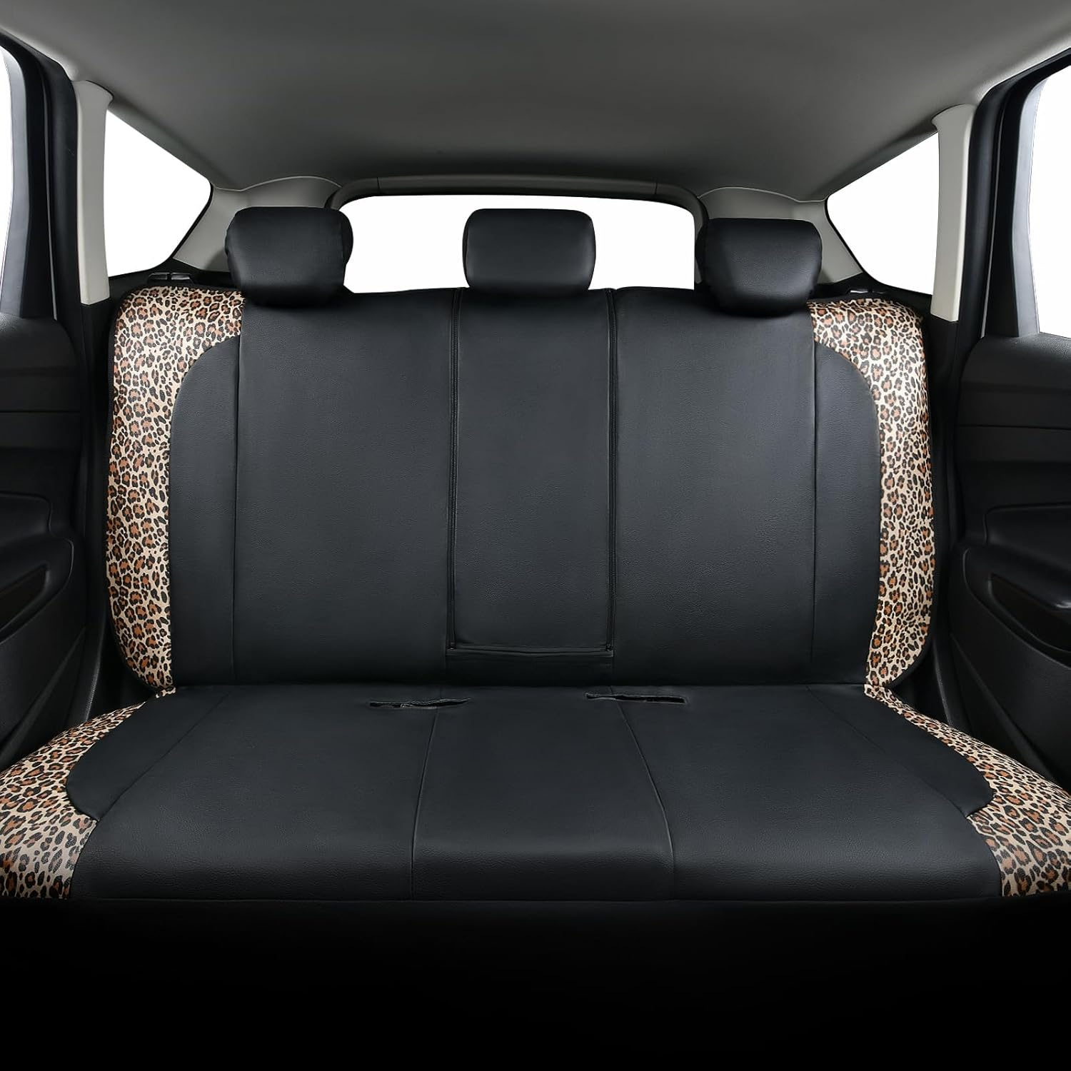 Flying Banner Rear Bench Car Seat Covers Car Seat Protectors Compatible Middle Cup Holder (Leopard Brown, Rear Bench-Premium) image number 4