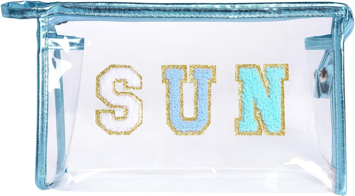 Clear Preppy Patch Makeup Bag, Sun Chenille Letter Bag for Beach, Clear Pouch with Zipper, Preppy Travel Bags Clear Cosmetic Toiletry Bag for Women Girls Teens (Blue)