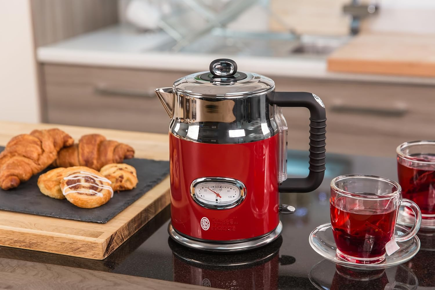 Russell Hobbs Kettle [1.7 L, 2400 W] Retro Red and Polished Stainless Steel (Quick Boil Function, Water Temperature Display in Retro Design, External Water Level Indicator) Vintage Tea Maker 21670-70
