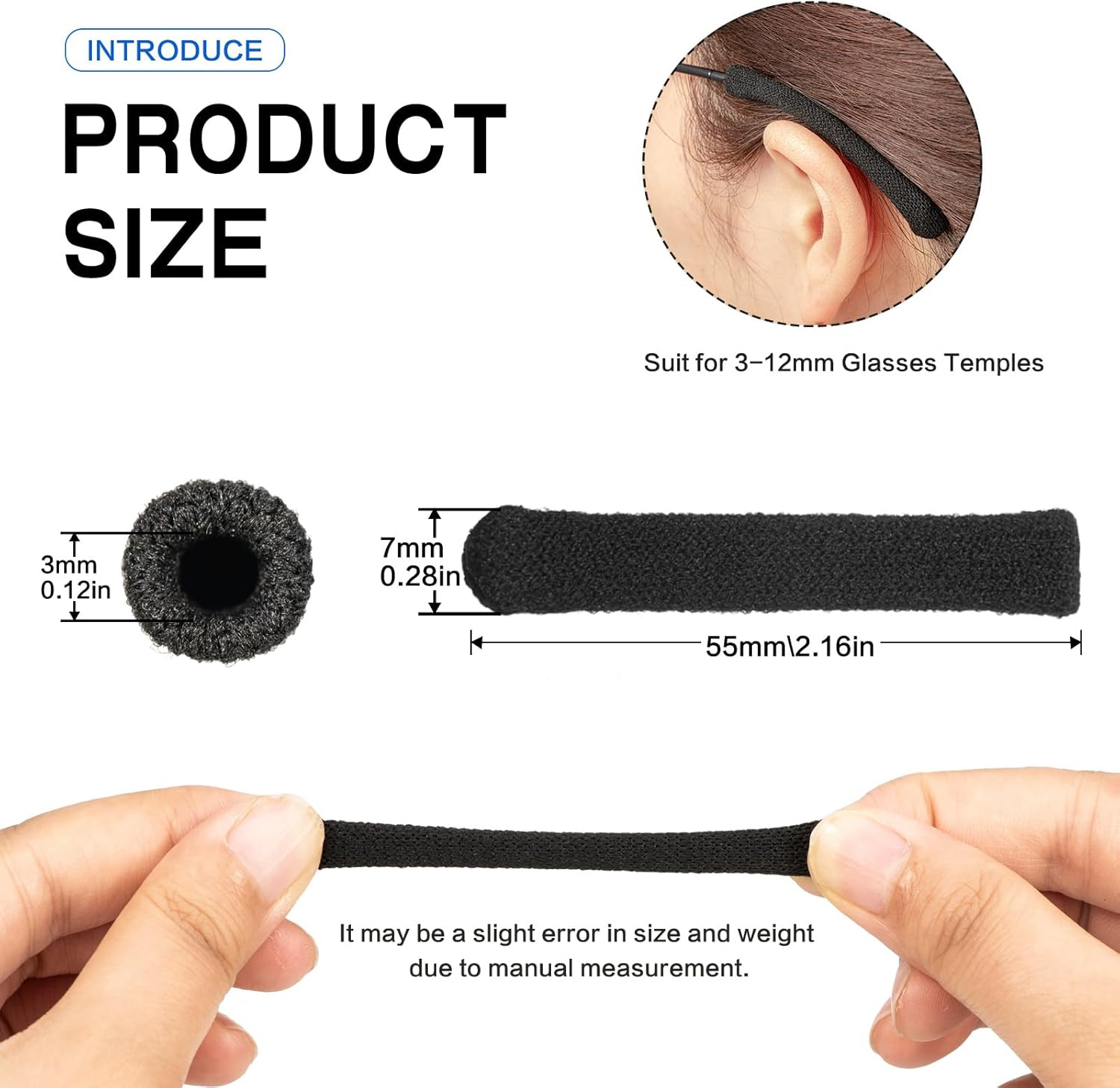 Eyeglasses Ear Cushions for Glasses Ear Cushion for Glasses behind Ears Eye Glasses Ear Grippers Soft Knitting Cotton Eyeglasses Temple Tips Sleeve Glasses Arm Cushion anti Slip, Black, 33Mm-50Mm, image number 6