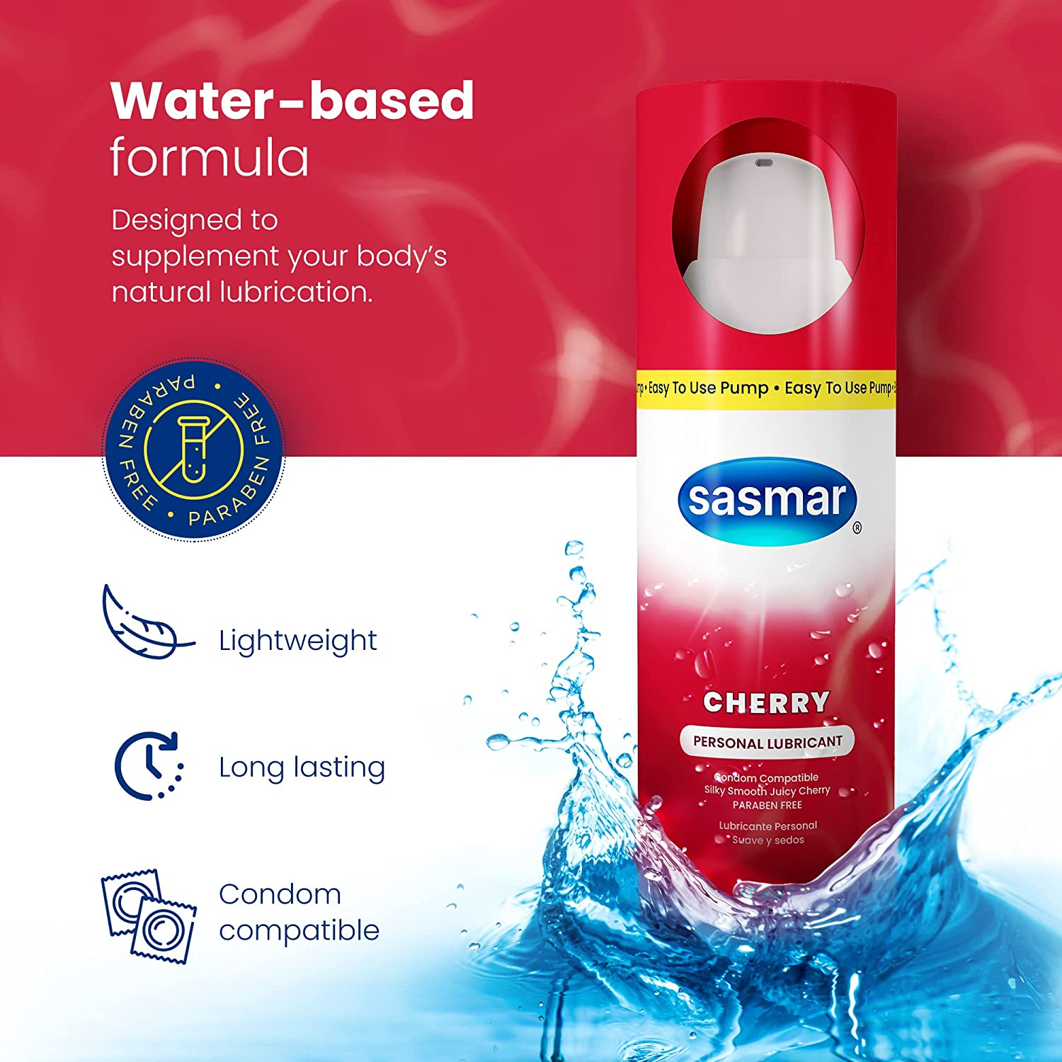 Sasmar Cherry Flavored Lubricant - Water Based Personal Lube for Men, Women - Feels Natural, Long Lasting Formula, Paraben Free, Toy-Friendly and Condom Safe, Oral Lubricant for Couples - 60 Ml image number 4