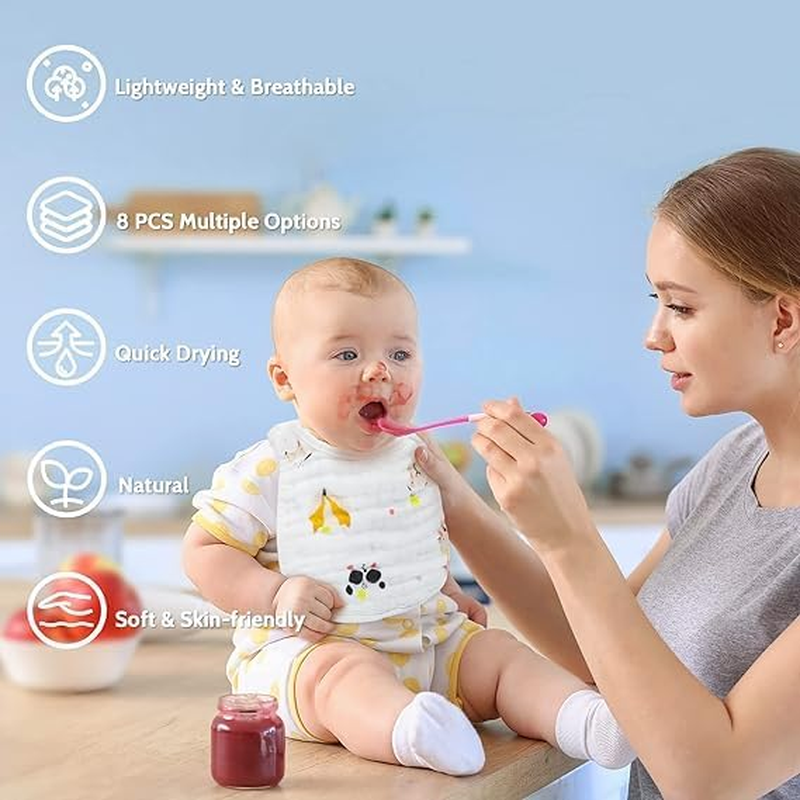 ZONEY Muslin Baby Bibs,8 Pack Ultra Soft Absorbent, 100% Cotton Baby Bandana Drool Bibs Adjustable Snaps (SET1) image number 6