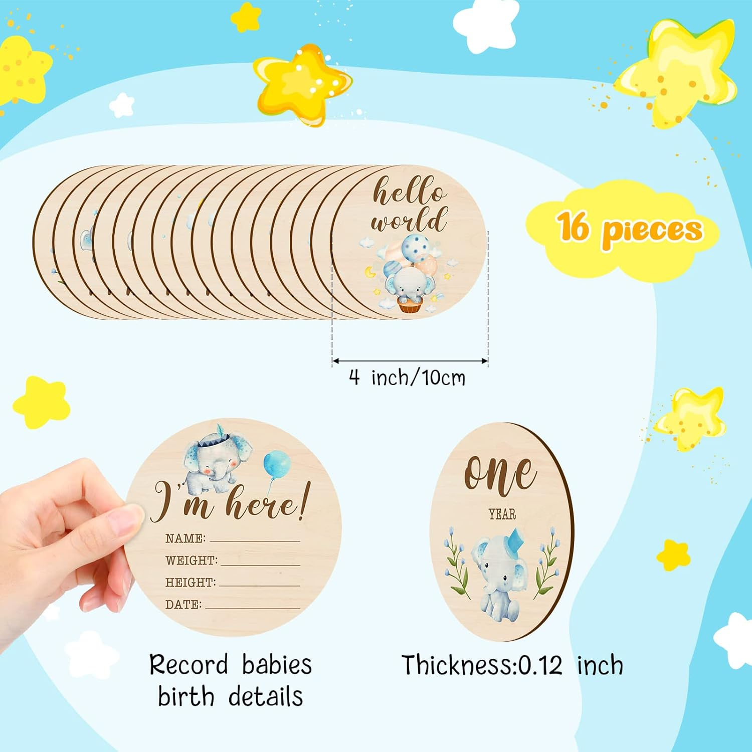 16 Pieces Wooden Baby Monthly Milestone Cards Baby Monthly Milestone Marker Discs Double Sided Monthly Milestone Wooden Circles Baby Months Signs for Baby Shower Newborn Photo Props(Blue Elephant) - Fresh Flowers image number 7