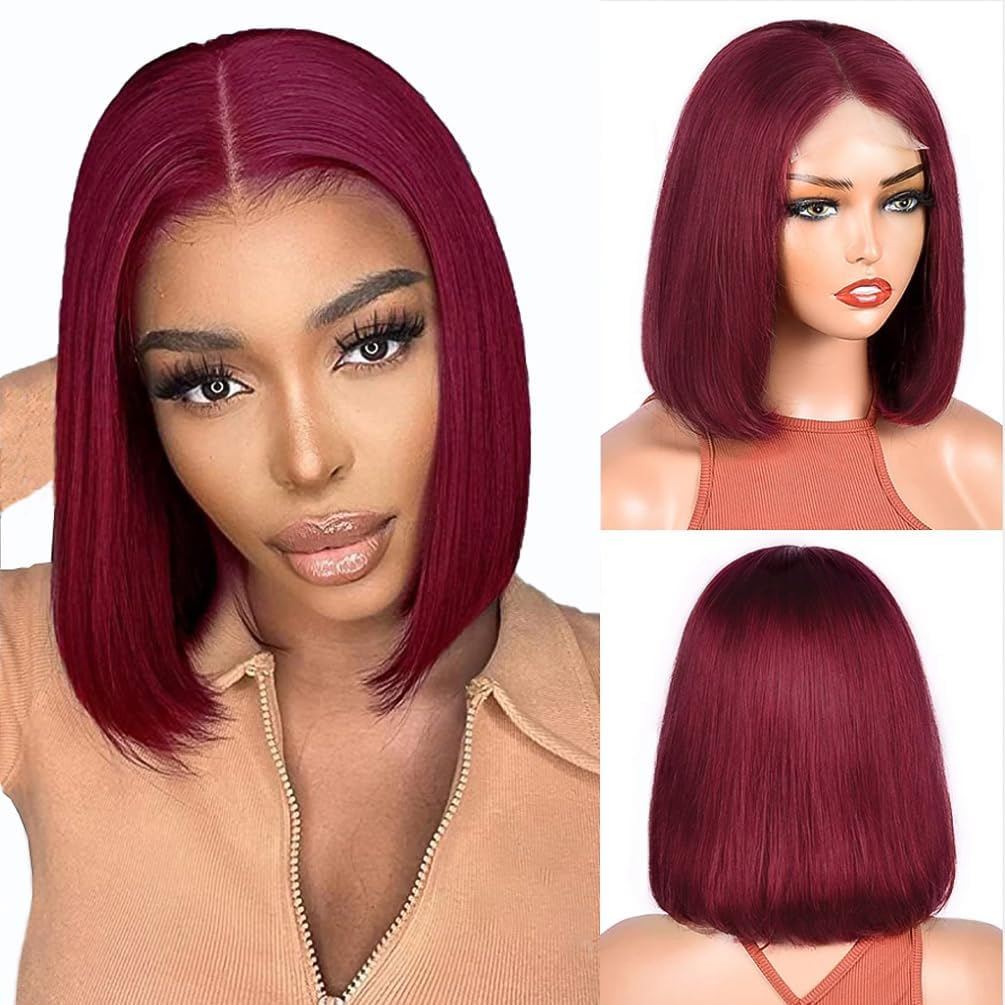 4X4 Burgundy 99J Human Hair Wigs for Black Women Glueless Pre Lined 150% Straight 10 Inch image number 2