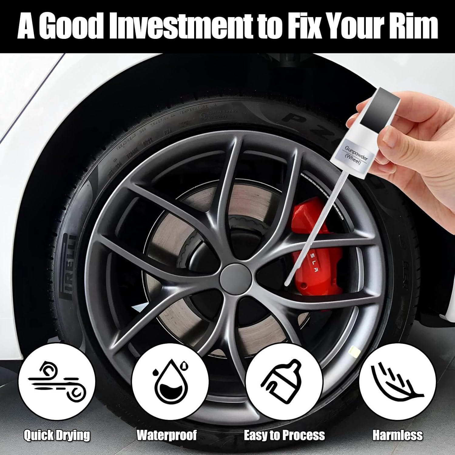COSLAKE Rim Touch up Paint(Nova Silver) for 2024 Tesla Model 3 Highland 19'' Nova Wheel, Curb Rash Repair Rim Scratch Repair with Masking Tape & Sandpaper image number 1