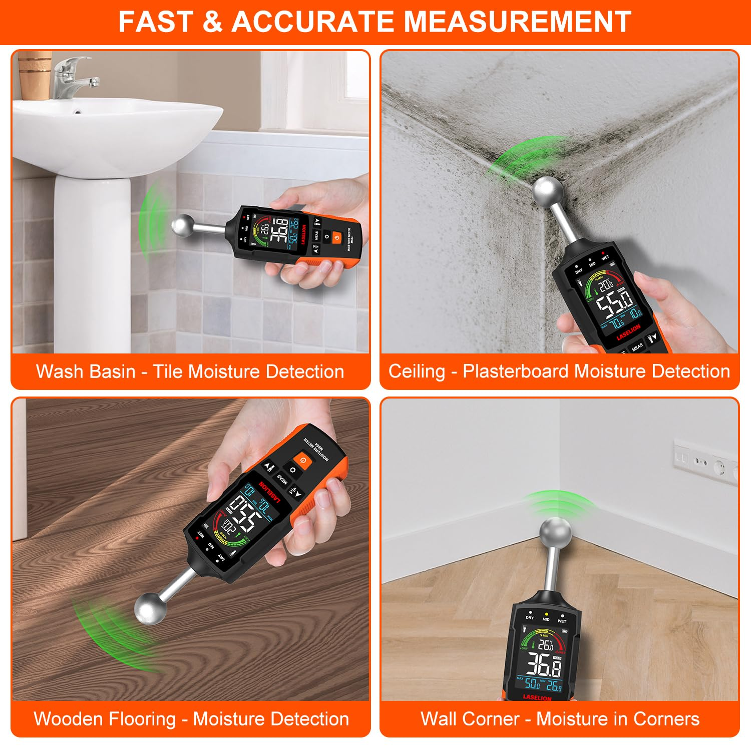 LASELION MS04 Pinless Moisture Meter with Ball Probe for Non-Destructive Area Scans Ideal for Wood Walls and Construction Materials Customizable Humidity Alarms Built-In Flashlight image number 4