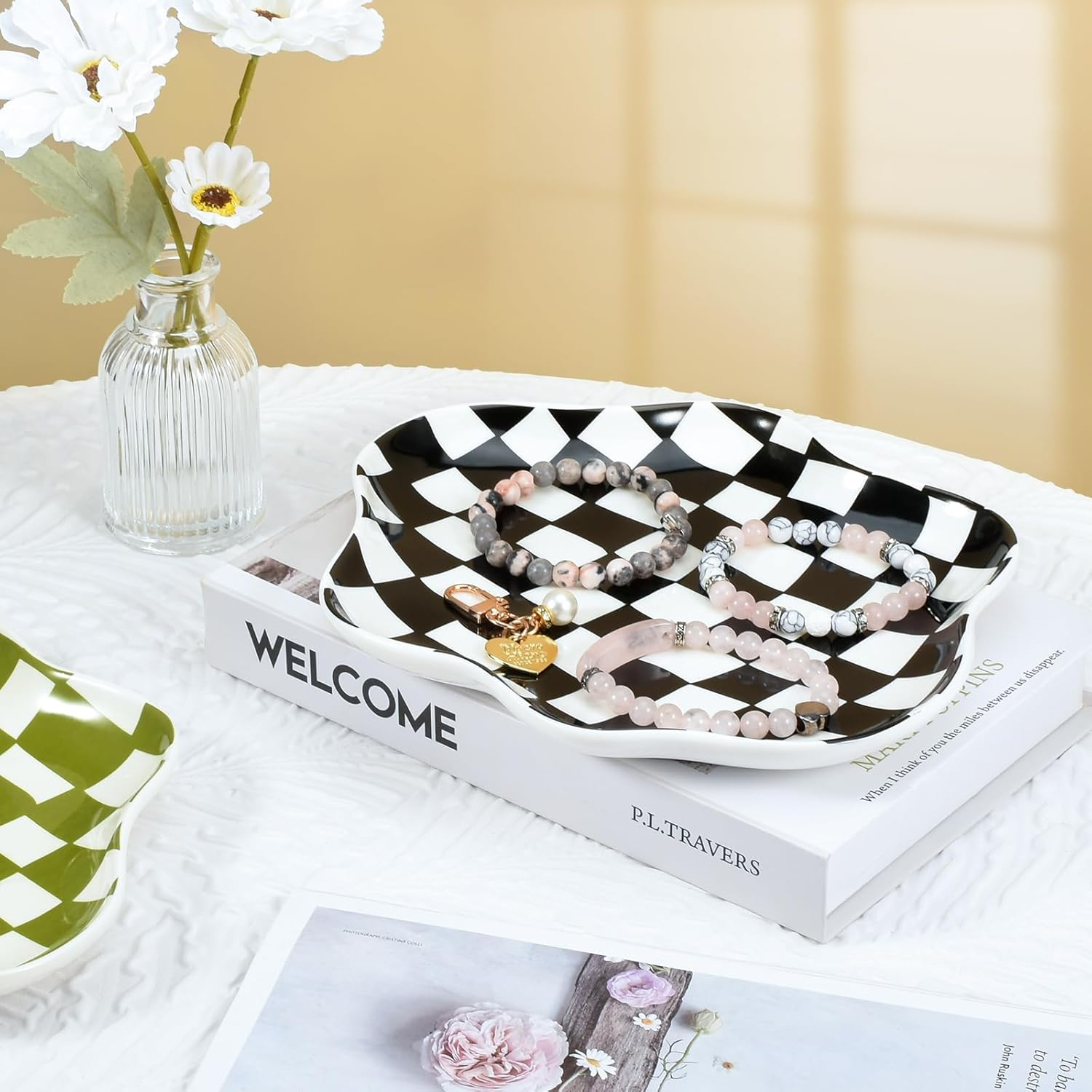 Koythin Jewelry Tray, Ceramic Jewelry Dish Trinket Tray Organizer, Checkered Pattern Aesthetic Decorative for Kitchen, Bathroom, Birthday Gift (Black and White Checkerboard) - Brown Plaid image number 7