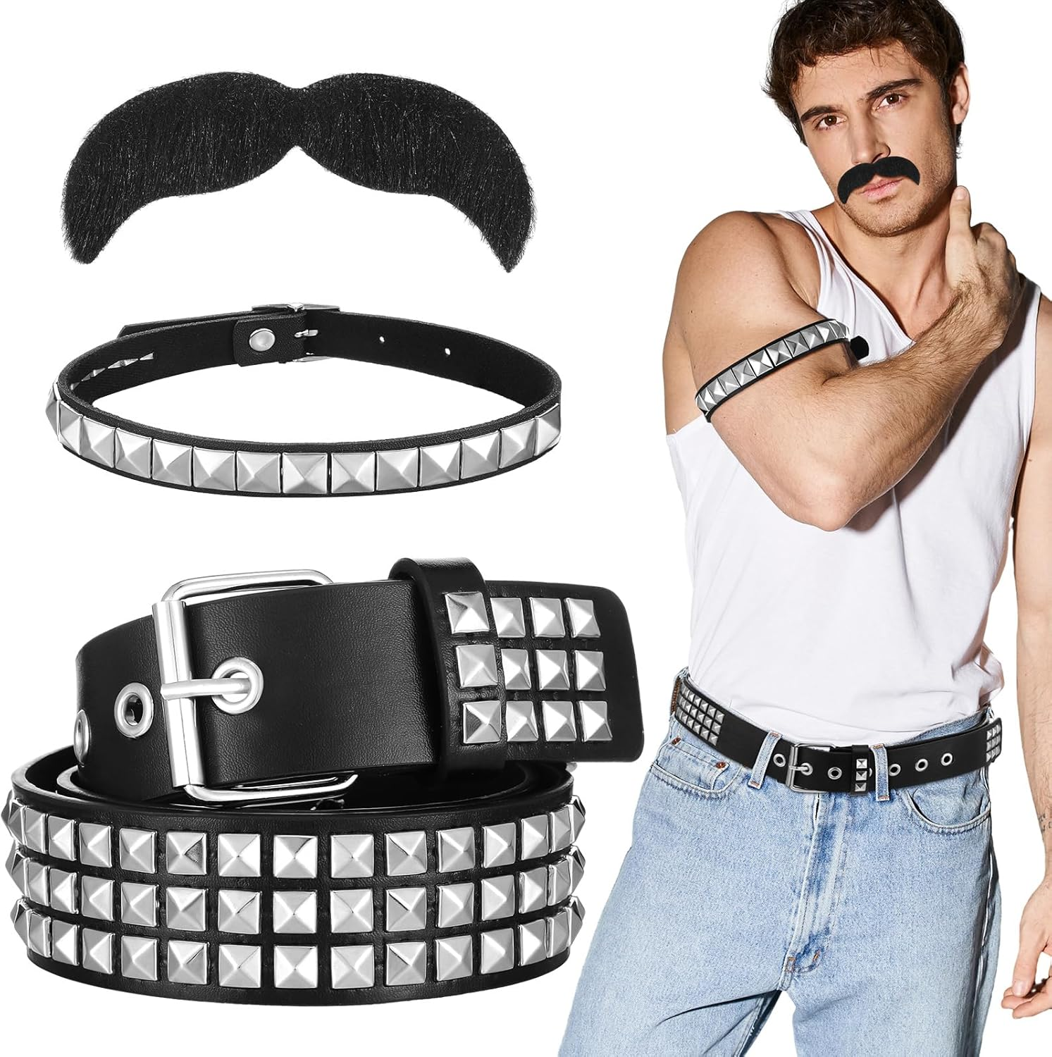 Rock Band Costumes Accessories Halloween Rocker Costume Studded Belt and Armband Self Adhesive Mustache 70S 80S 90S Metal Punk Rock Party Cosplay Gothic Rocker Accessory for Women Men, Black image number 5
