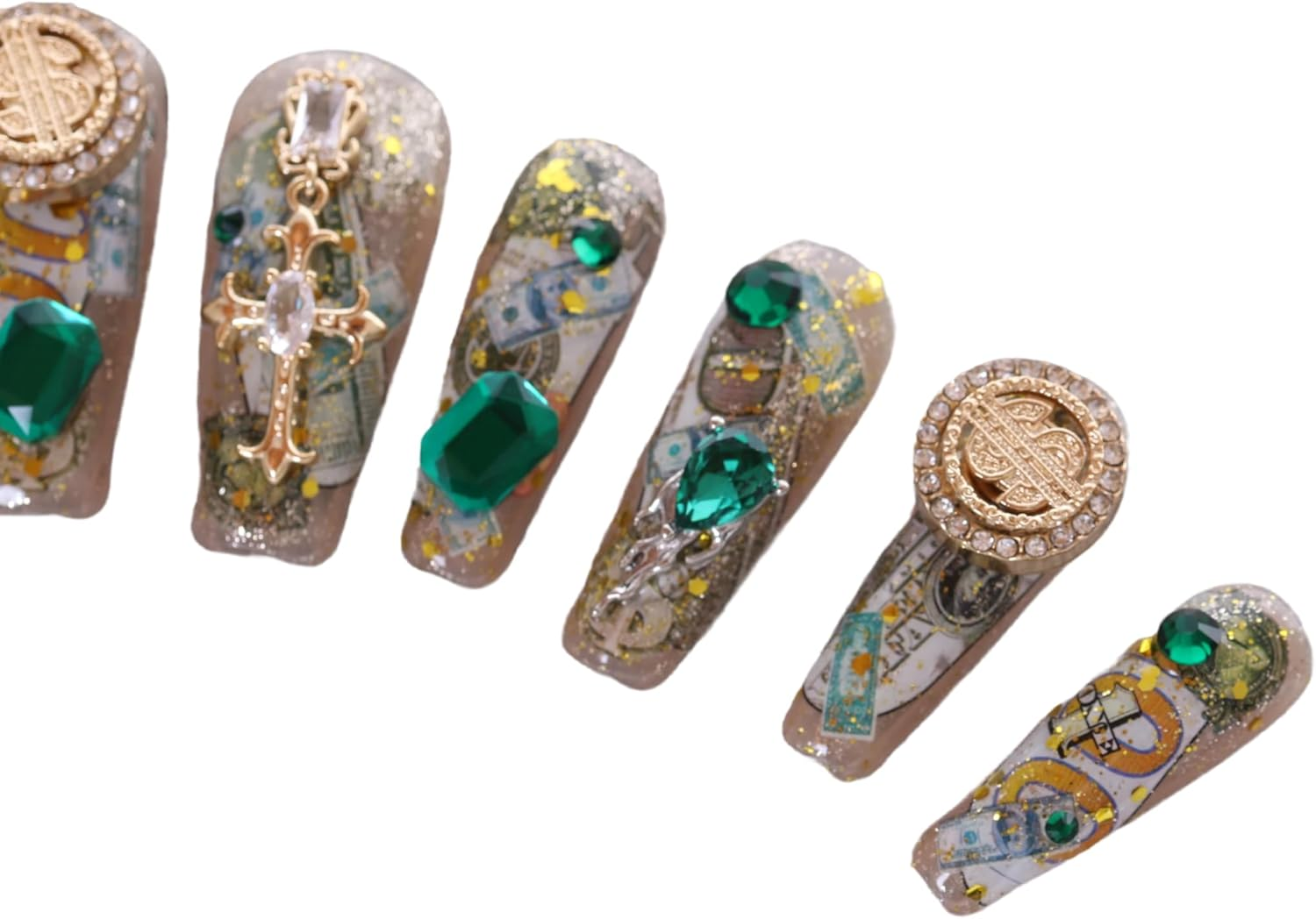 PN-029 Press-On Nails Lacquered Pack of 10 Reusable Artificial Premium Nails Dollar $ Chain Green Crystal Stones Gold Beige