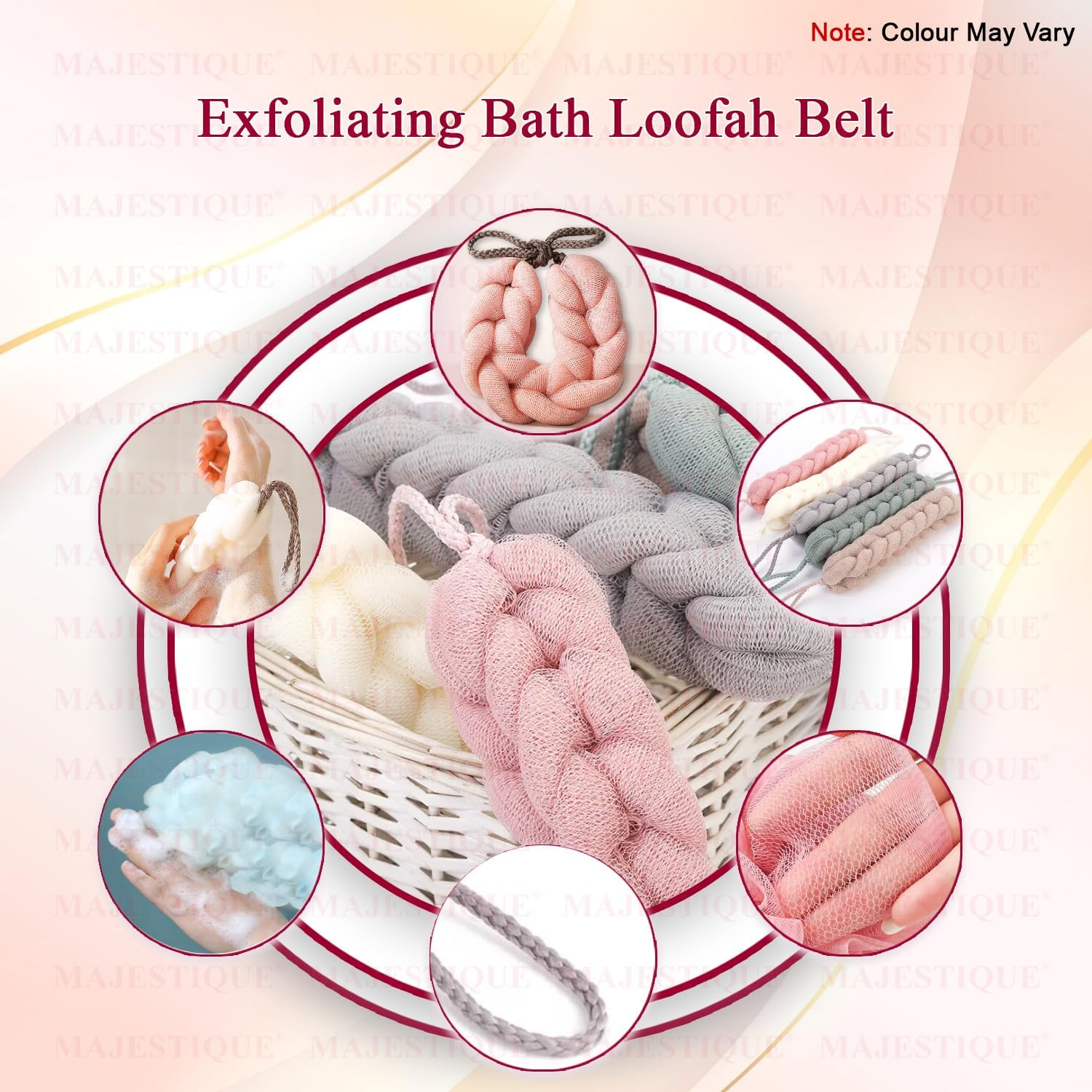 Majestique Mesh Bath Belt Long Bath Loofah Stretchable Braided Mesh Exfoliating Back Scrubber Body Shower Sponge -Random Colors Value Pack Best for Men and Women (Pack of 2)
