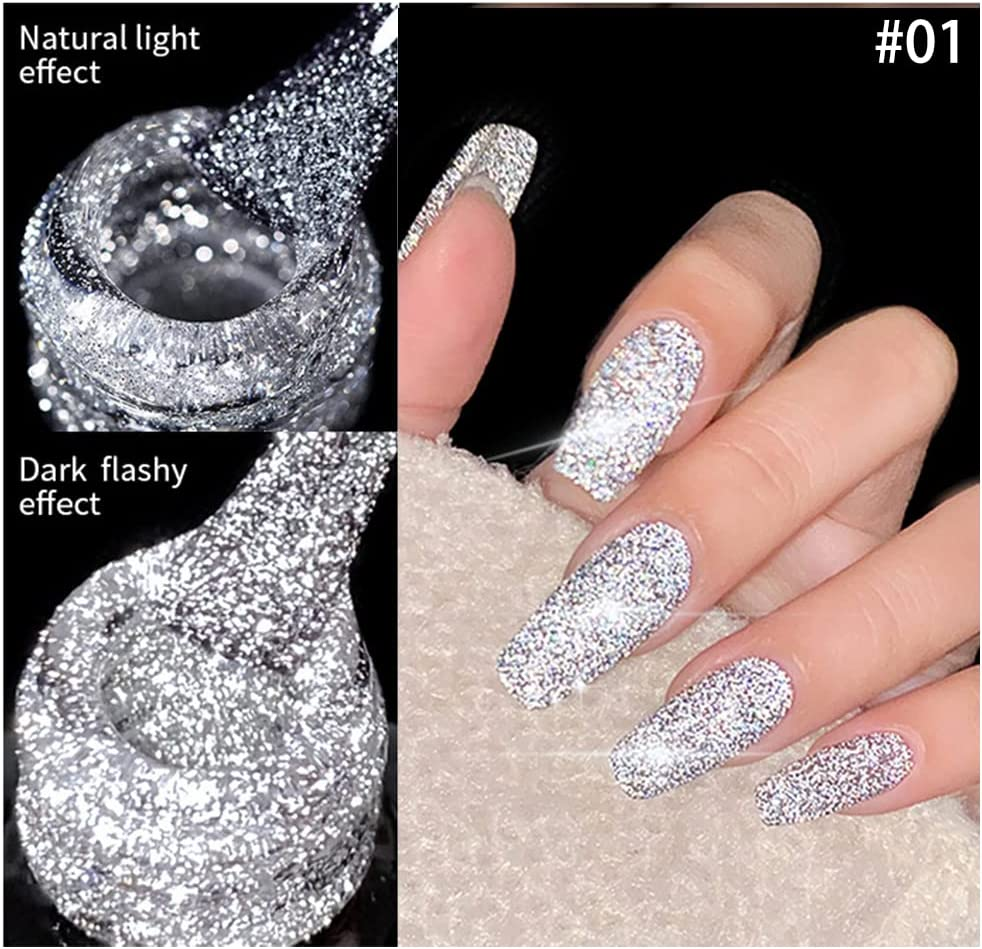 Reflective Glitter Gel Nail Polish Kit Soak off UV/LED Sparkly Shiny Nail Gel Broken Diamond Disco Gel Nail Art Home DIY Manicure Nail Salon 6 Colors Nail Polish Sets for Women image number 3