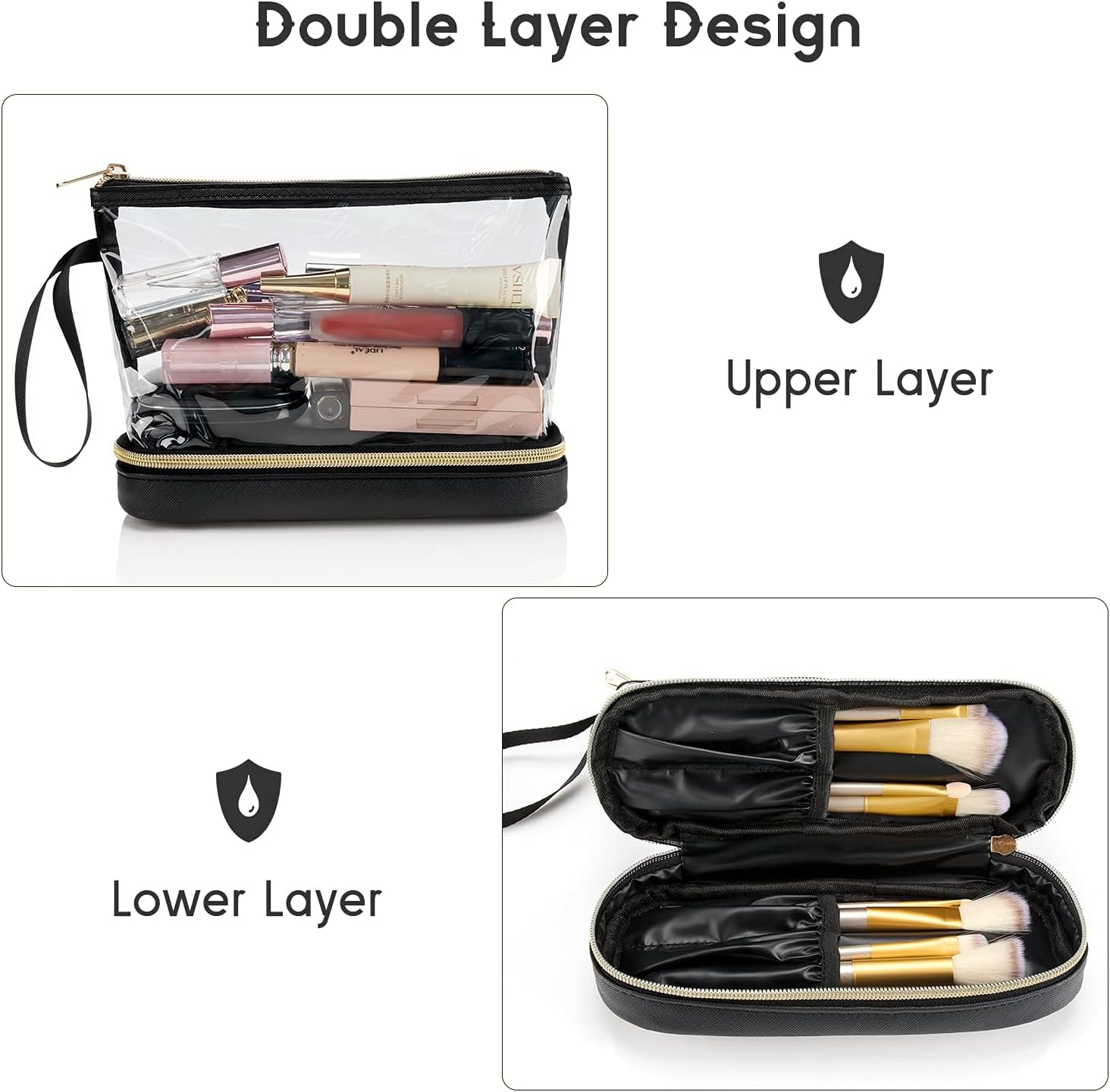 FACAICAI Travel Makeup Bag, Clear Cosmetic Bag Make up Organizer TSA Approved Toiletry Bag, Waterproof Pouch for Women Purse for Toiletries Accessories Brushes (Black) image number 2