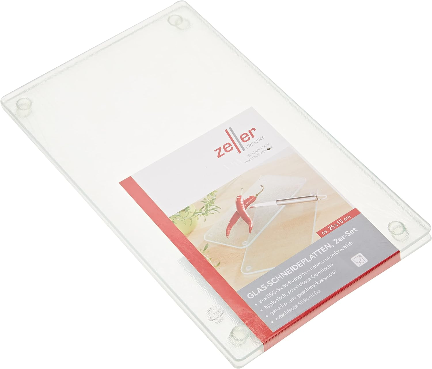 Zeller Glass Chopping Board, Set of 2, 25 X 15 X 0.5 Cm, Non-Slip Feet, Heat-Resistant up to 220 Degrees, Natural image number 3