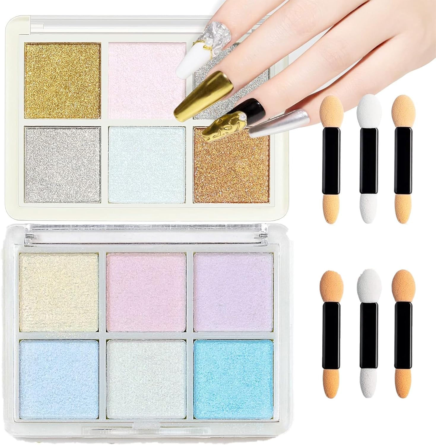 Chrome Nail Powder &ndash; Gold & Silver Iridescent Pearl Chrome Powder, Holographic Mermaid Glitter Pigment for Nails, Aurora Mirror Effect(2 Set12 Colors) image number 6