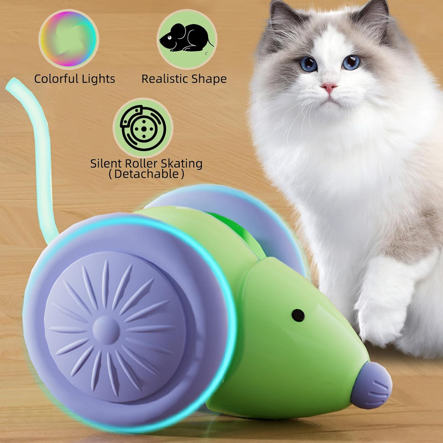 Sobirdos Smart Electric Cat Toy, Cat Toys for Indoor Cats,Interactive Mouse Toy, Kitten Toys,Interactive Cat Toy, Automatic Cat Toy,Silent Cat Toy with LED Lights,Auto On/Off,Usb Rechargeable(Green) image number 1