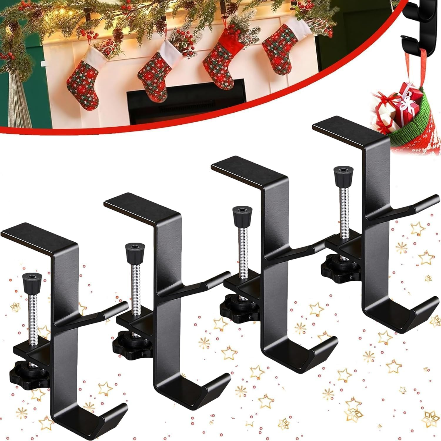 Fireplace Stocking and Garland Hanger, 2 in 1 Garland Stocking Hangers, Christmas Hooks Stocking Holders for Mantle Garland Hanger Mantle Hooks for Home Party Decoration (Black, 6Pcs)