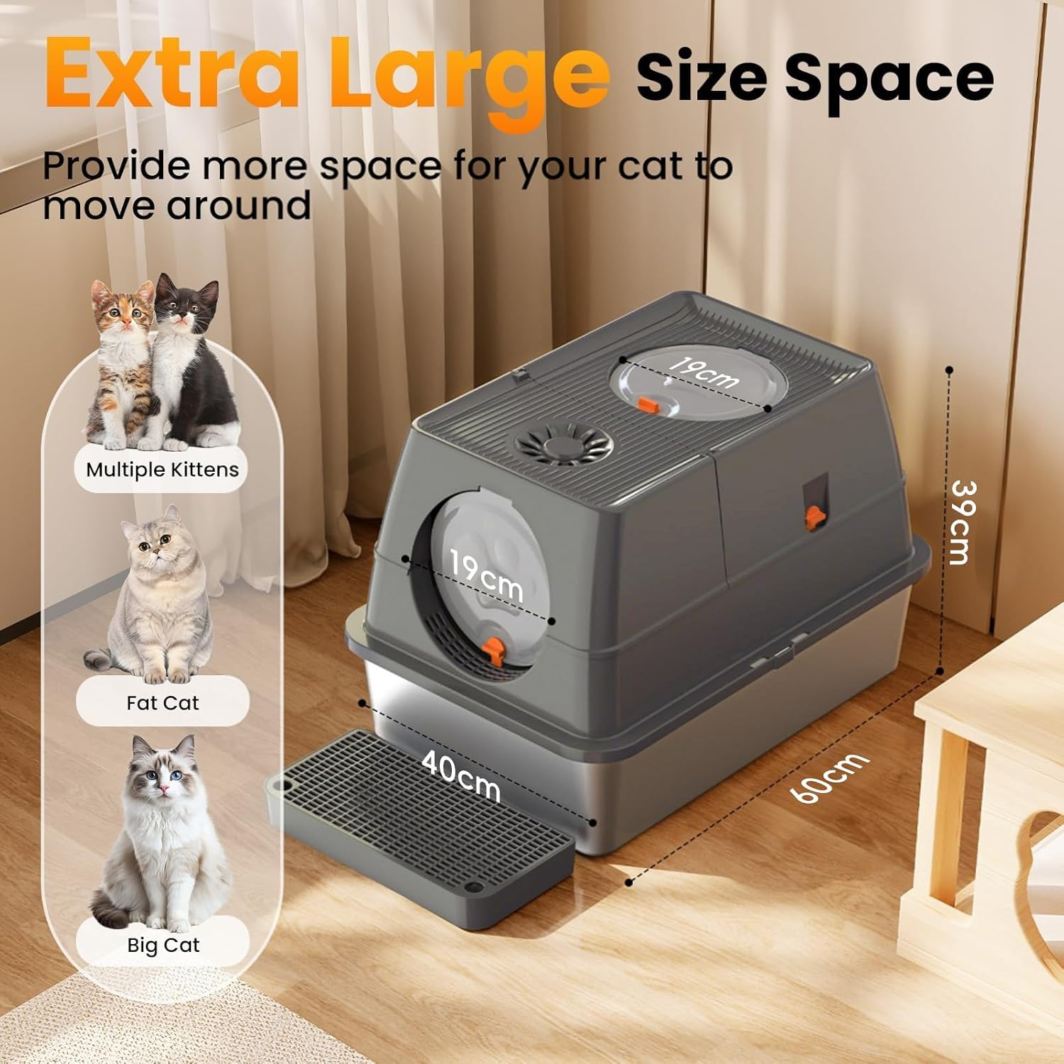 Extra Large Stainless Steel Litter Box with Lid 60L X 40W X 39H CM Cat Litter Tray with Quick Clean Flip-Top Enclosed Cat Litter Box with Litter Scoop Footboard and Mat Non-Sticky Odor-Resistant