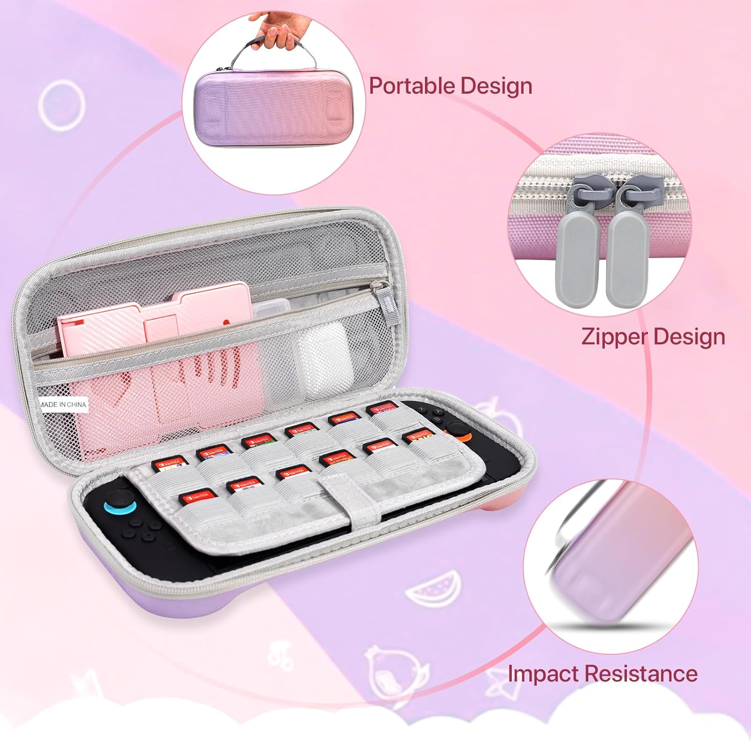 Switch 2 Case Carrying Case- for Nintendo Switch 2 2025 Accessories, Hard Shell Protective Cover Travel Bag with 10 Game Card Slots, for Girls Cute Gradient (Attachable Shoulder Strap) image number 4