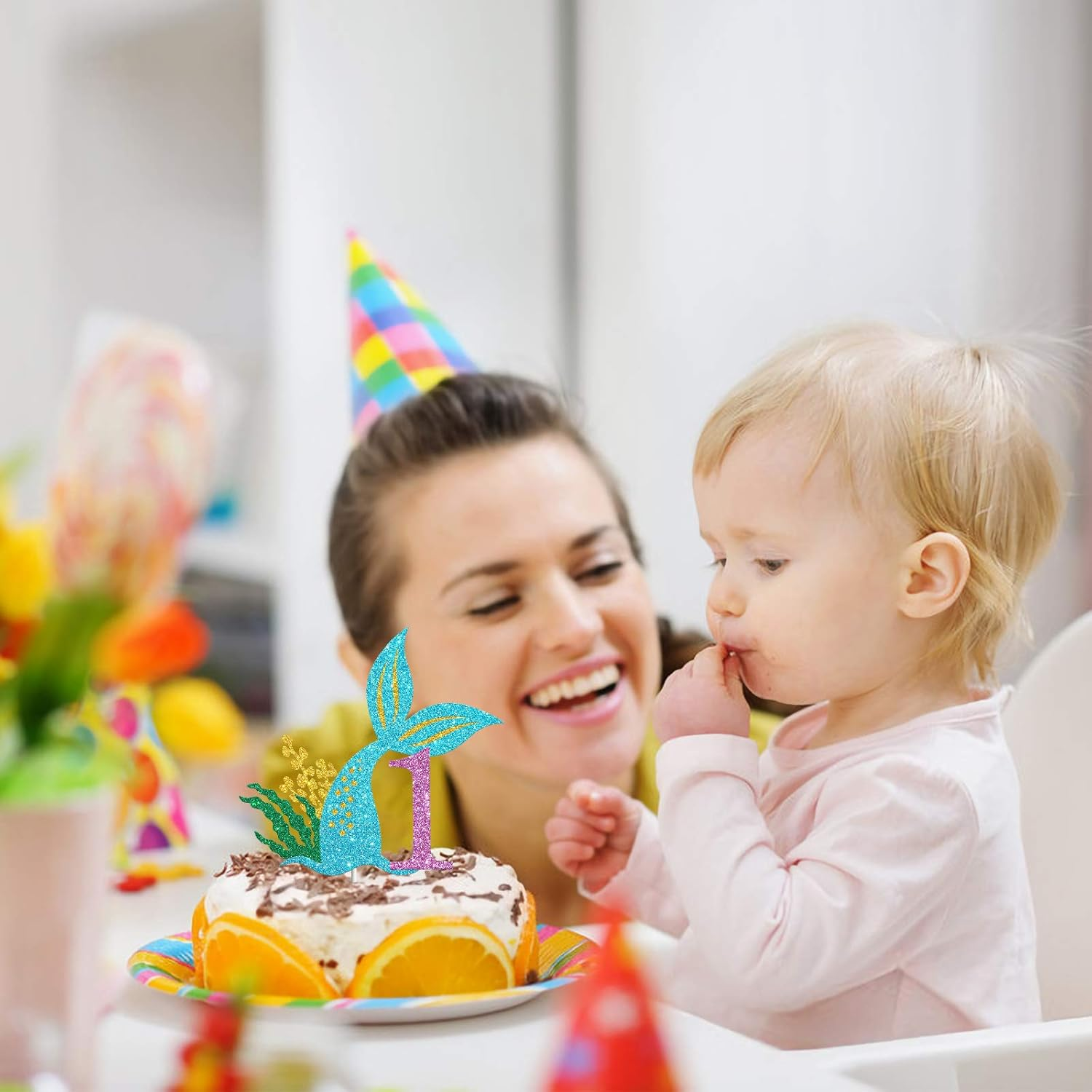 Mermaid One Cake Topper, Happy 1St Birthday Cake Decor, I'M One Sign, Little Mermaid Birthday Party Decoration Supplies, Daughter of the Sea, under the Sea Themed, Ocean Themed - Glitter image number 2