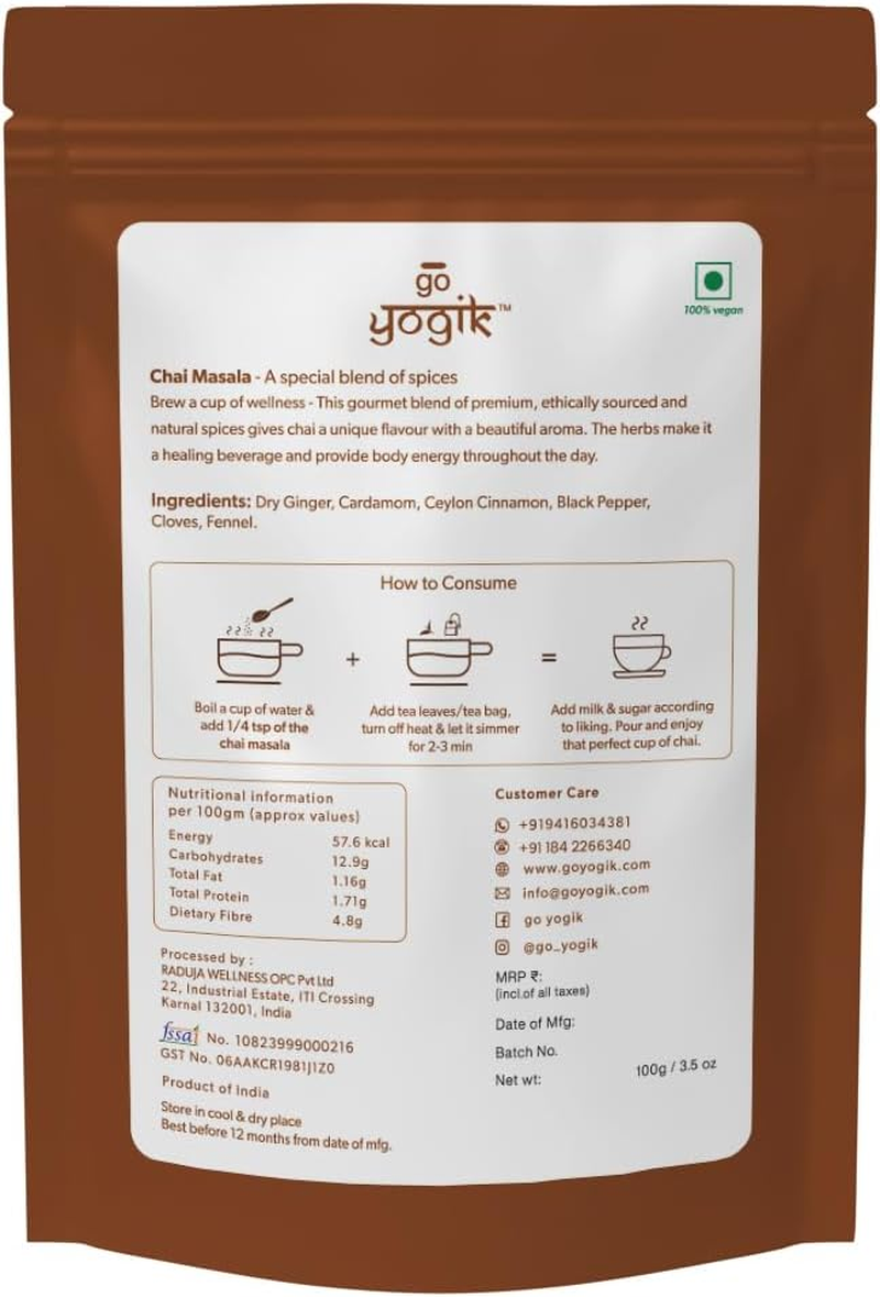 Go-Yogik Chai Tea Spice Masala W/O Ceylon Cinnamon, Cardamom, Cloves| Aromatic Indian | 100G (80 Cups) Vegan| GMO Free | Gluten Free|Lab Tested for Purity image number 2