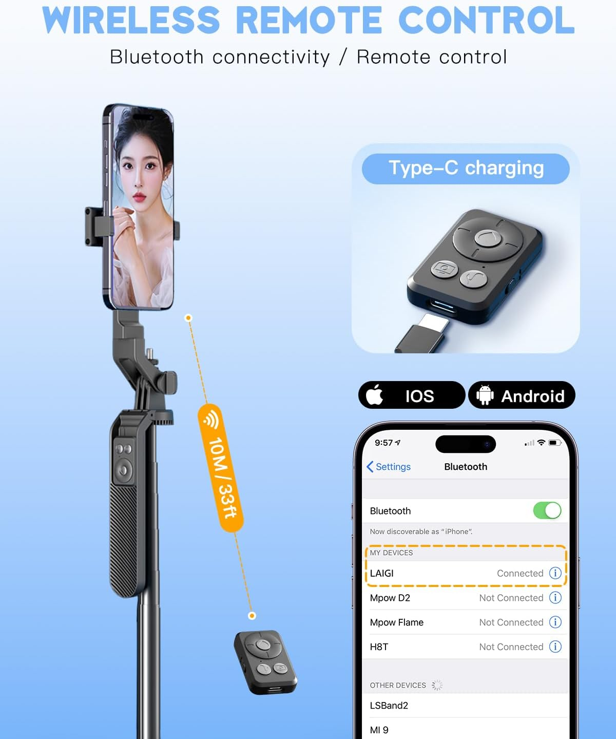 YLSD 70" Phone Selfie Stick Tripod with Remote, 360&deg; Stabilized Handheld Gimbal Tripod for Iphone/Android, Four-Corner Stability Extendable Camera Tripod for Live/Vlog/Photo image number 2