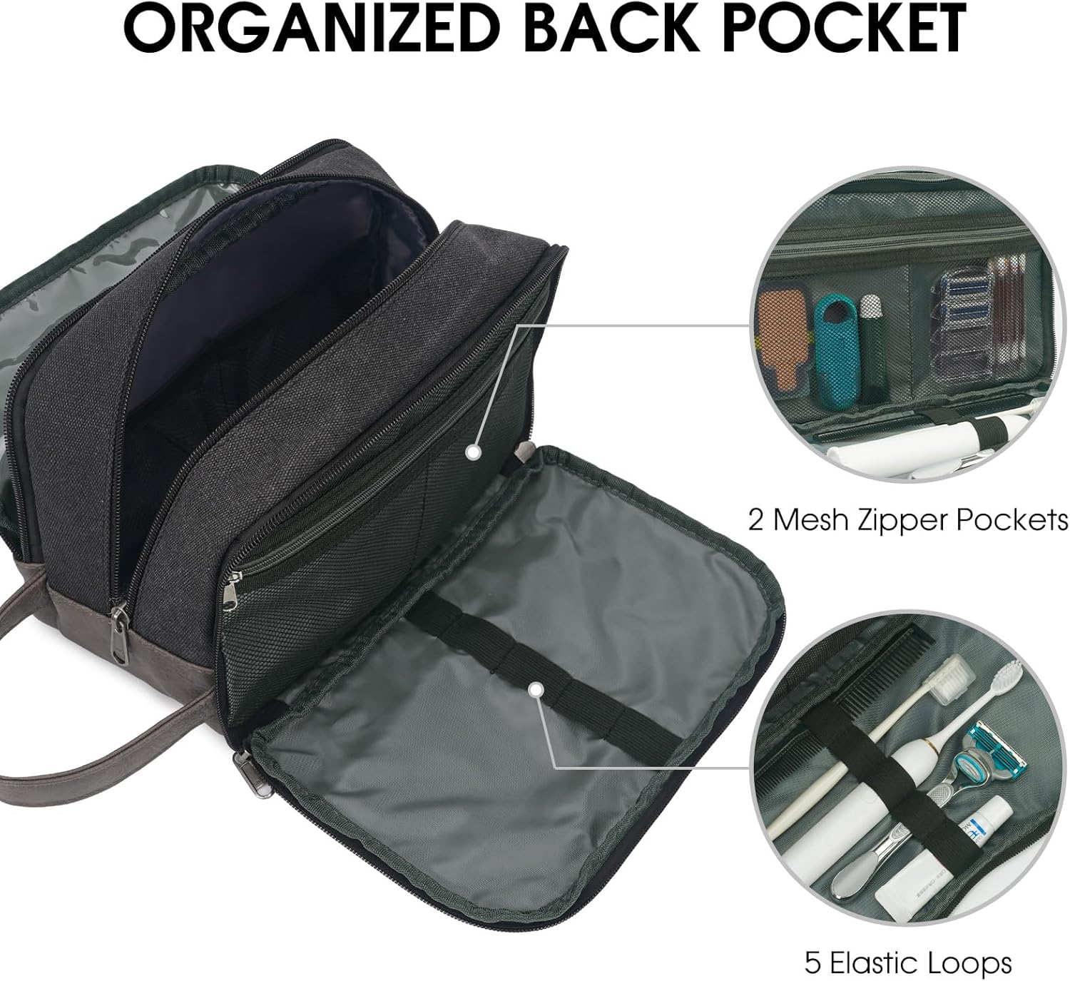 WANDF Travel Toiletry Bag for Men Hanging Dopp Kit Canvas Toiletry Organizer Water-Resistant Vegan Leather Shaving Bag for Toiletries Accessories (Black) image number 2