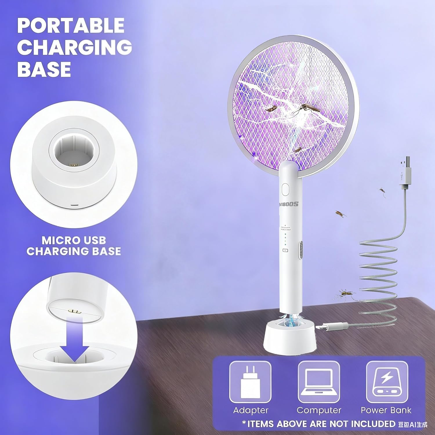 VIBOOS Electric Fly Swatter Racket, 2 in 1 Electric Bug Zapper USB Rechargeable, 4000V Indoor Outdoor Mosquito Zapper with 5 Layer Safety Mesh, Cordless Insect Killer Trap Home Office Camping Patio image number 2