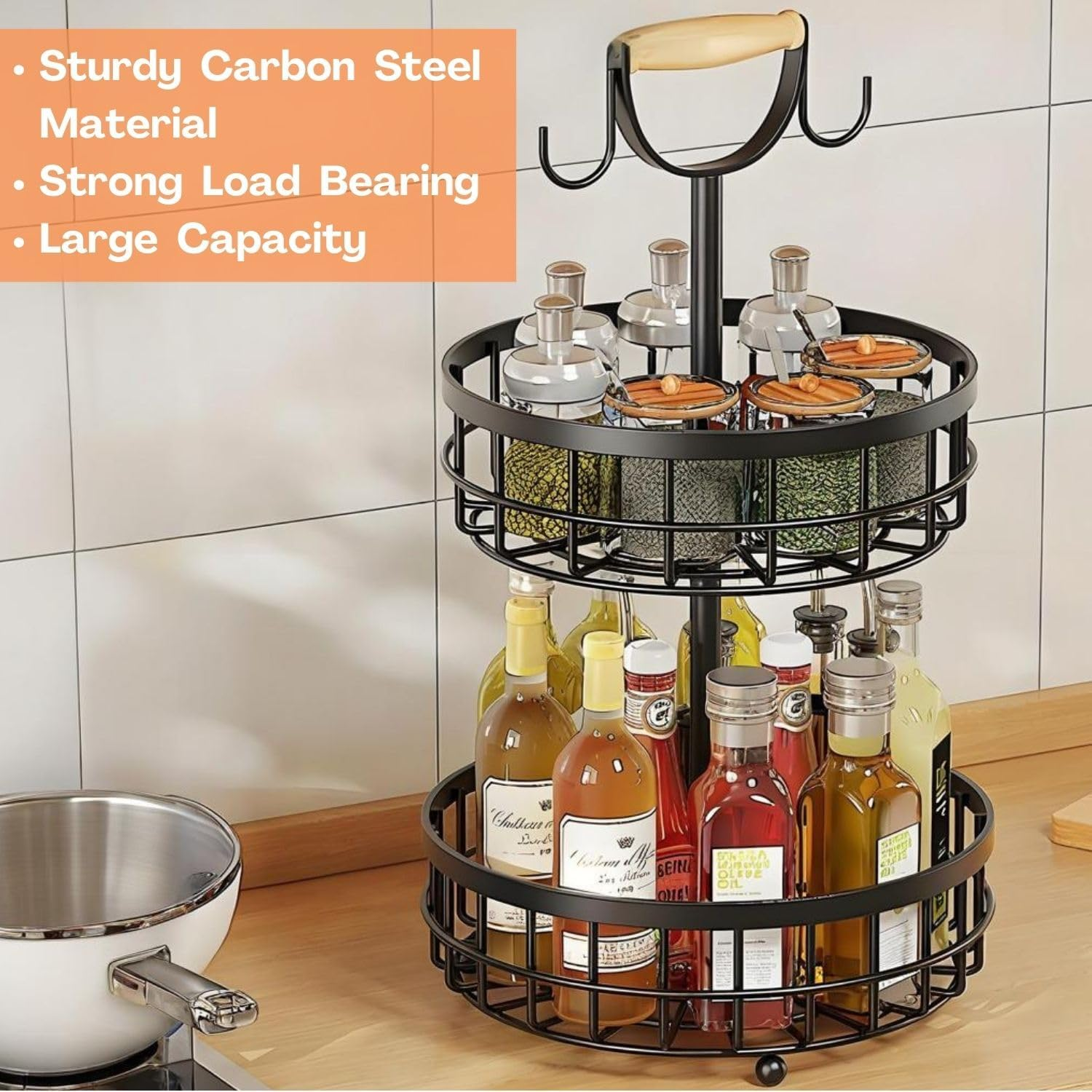 SEDISON 2 Tier Fruit Basket with Banana Hanger, Double Layer Metal Fruit Basket with Wooden Handle, Sturdy Carbon Steel Kitchen Storage Organizer for Fruits, Vegetables and More, Large Capacity image number 2