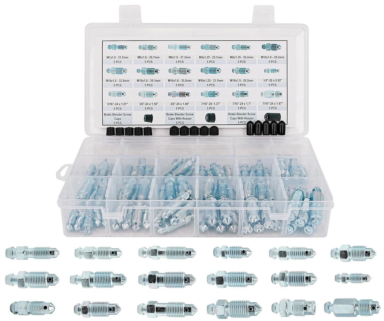 Dsnaduo 18 Types 90PCS Standard SAE & Metric Brake Caliper Screw, Brake Wheel Cylinder Screw Replace 30300 Brake Bleeder Screw Assortment, Bleeder Valve, Bleeding Screws, Bleed Kit image number 5