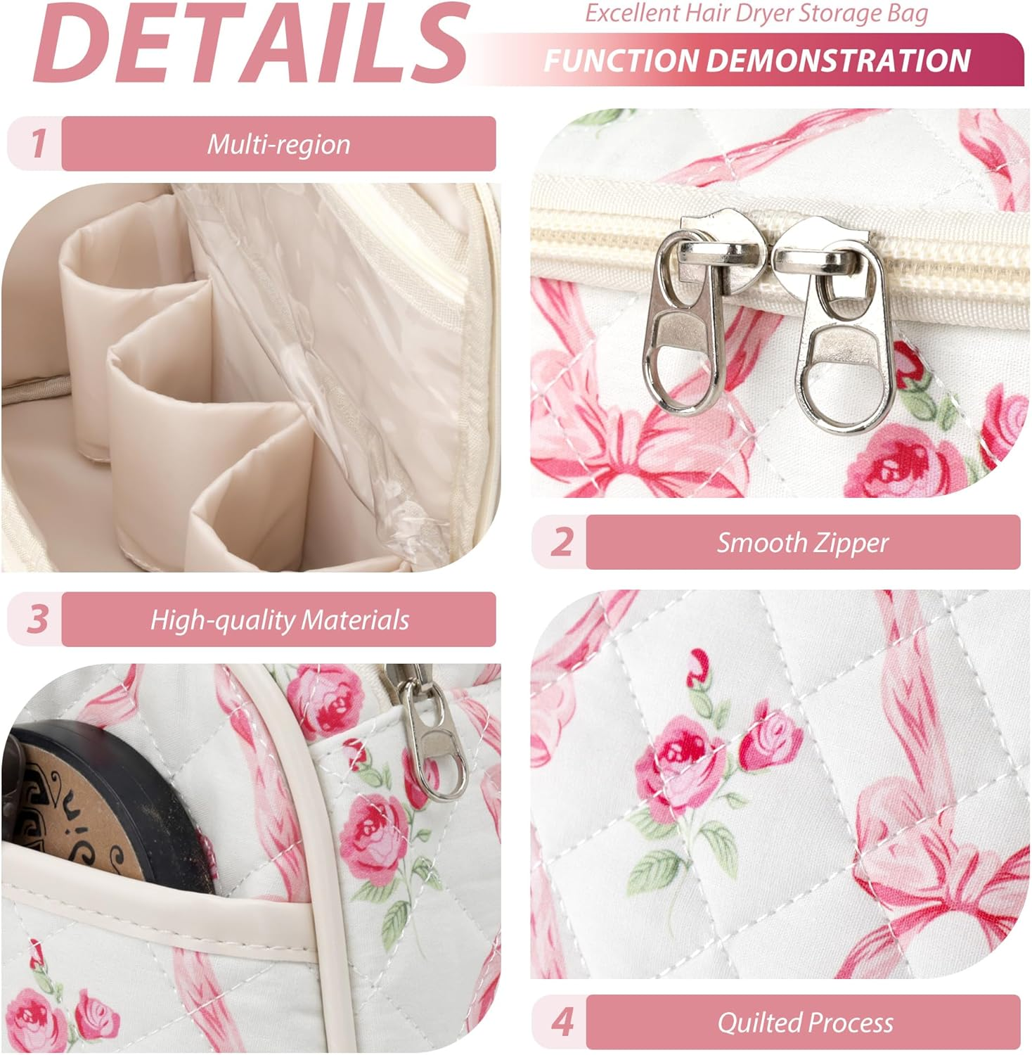 Linpr Travel Case Compatible with Dyson Airwrap & Shark Flex Style, Quilted Travel Hair Dryer Bag with Hook, Portable Hair Tool Organizer for Curling Iron & Accessories, Rose Pink, Modern image number 1