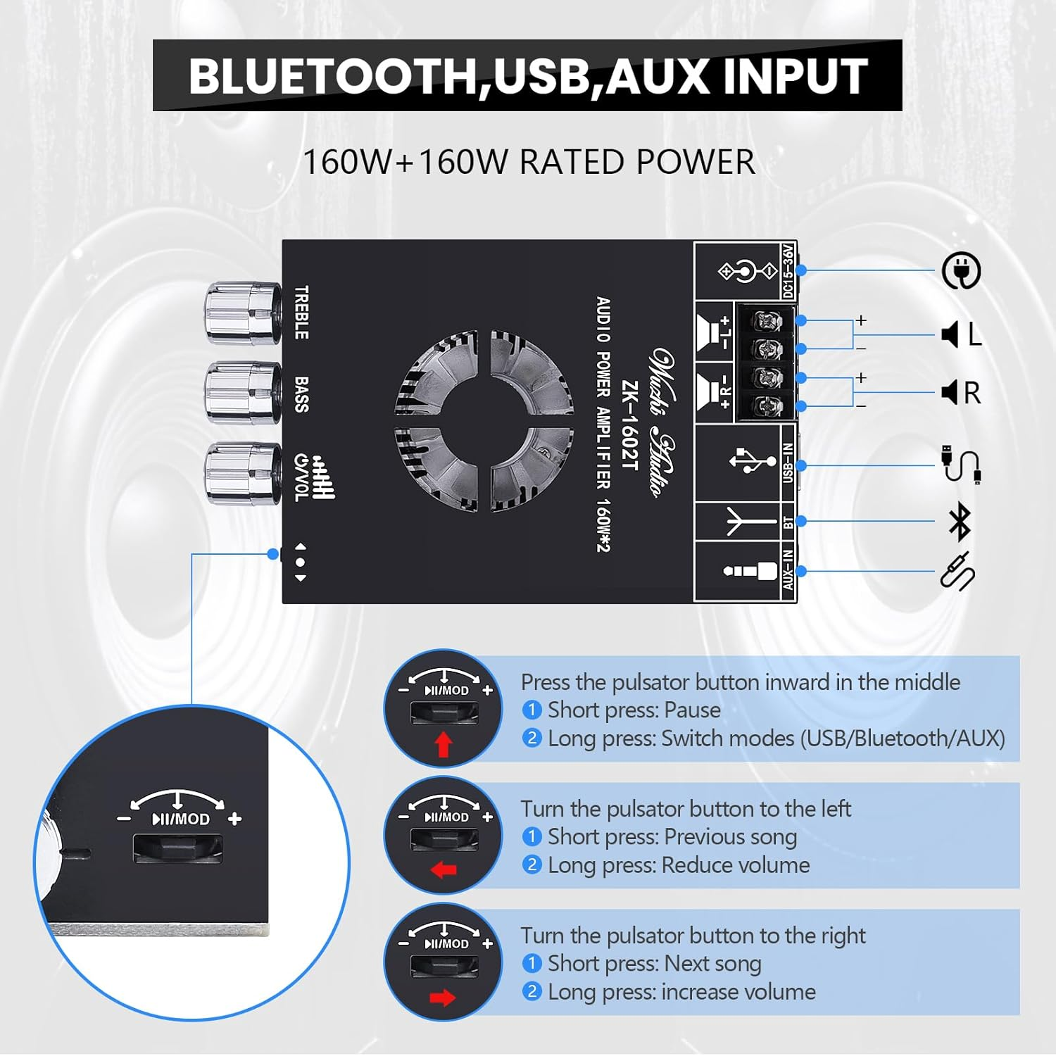 Audio Amplifier Board, ZK-1602T Bluetooth Power Amp for Home Speakers 2.0 Channel 160W+160W Stereo Mini Amplifier Module TDA7498E Chip W/TB, USB, AUX, DC 15-36V image number 3