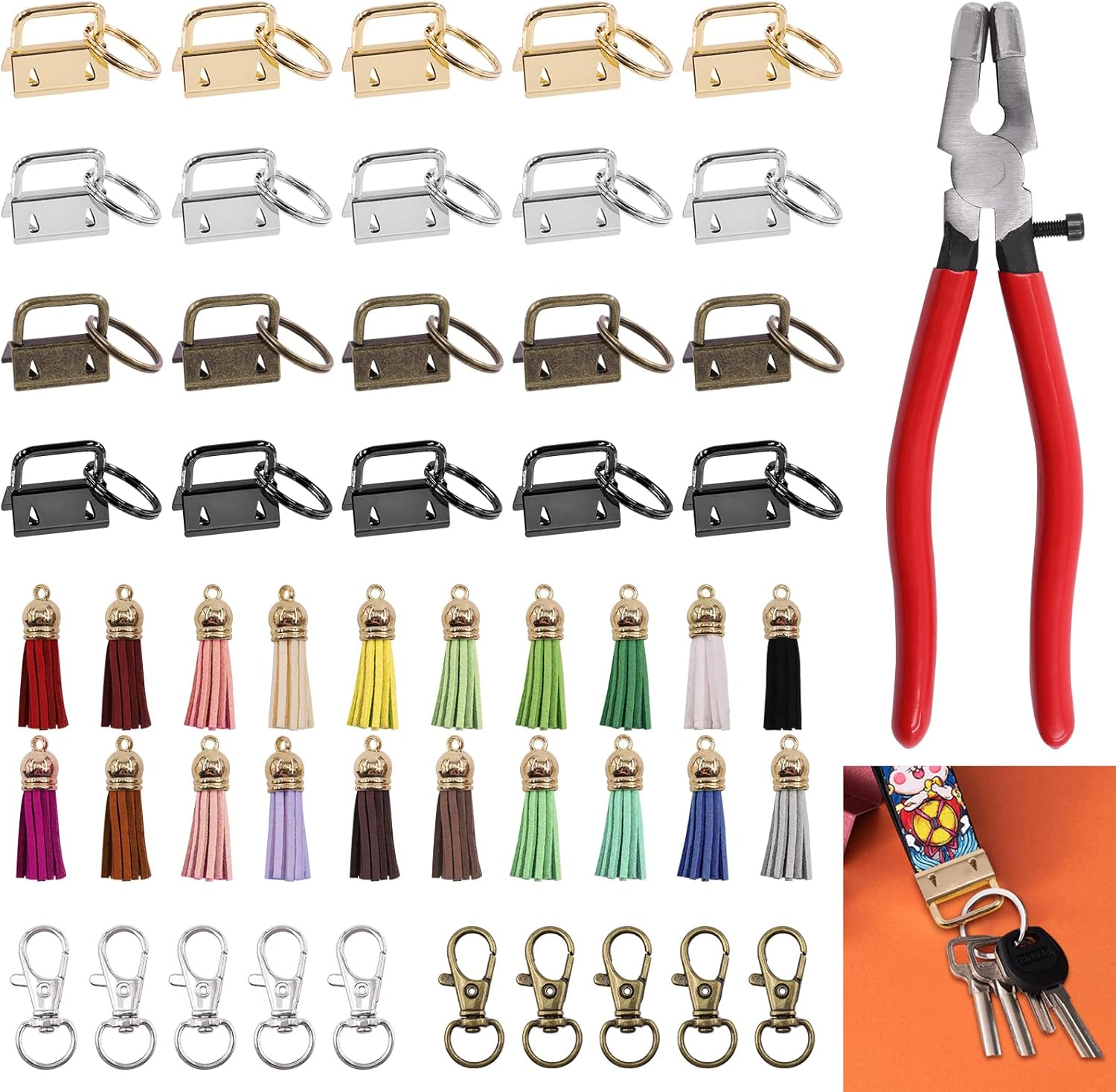 Rustark 51Pcs Key Fob Hardware with Glass Running Pliers Assortment Kit with Tassels Keychain Rings Hardware Accessories image number 1