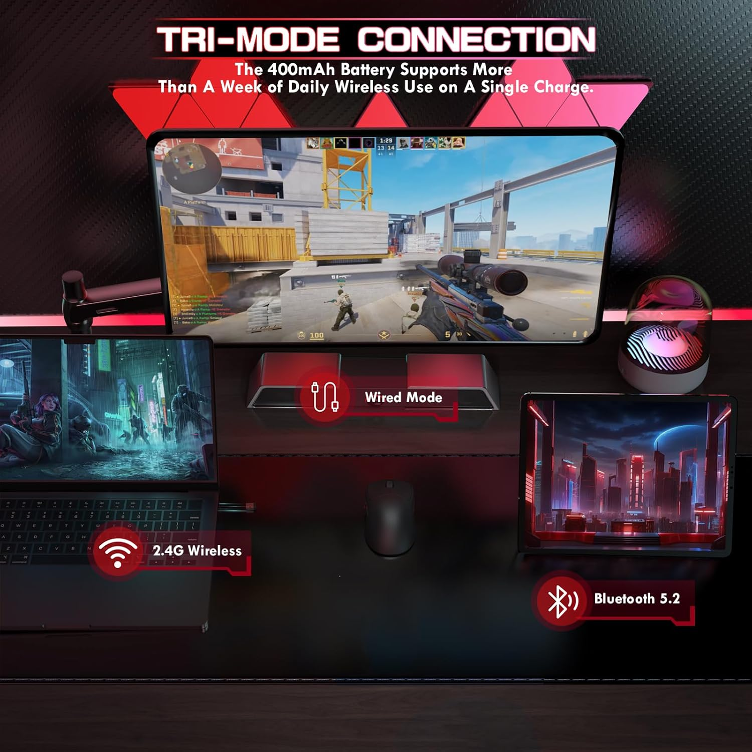 MAMBASNAKE M4 Ultra-Light Wireless Gaming Mouse, 53G, PAW3311 Sensor, 24000DPI, Tri-Mode Bluetooth/2.4G/Wired, RGB Lighting, 400Mah Battery, 20M Clicks (Black)