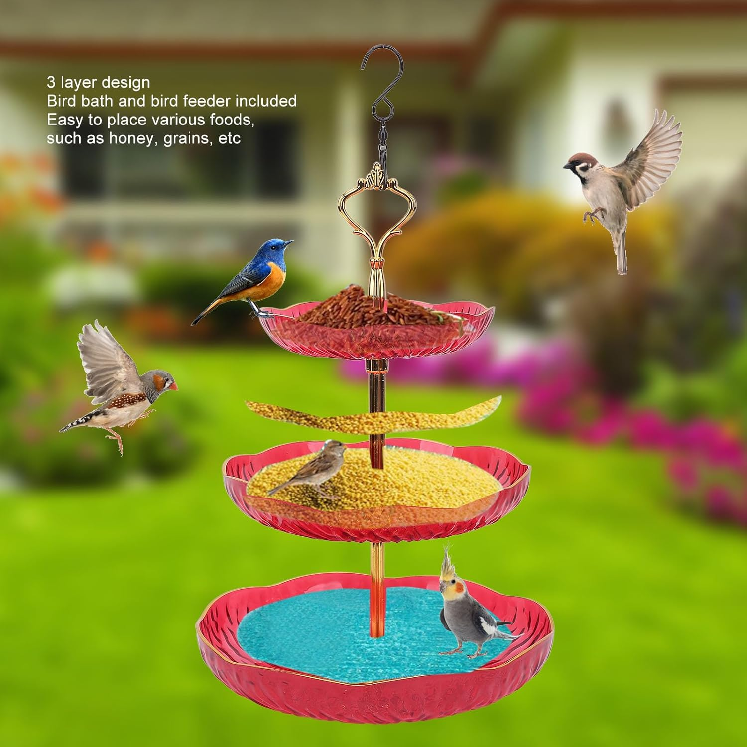 Pomya Hanging Bird Bath Tray, Aesthetic Enduring 3 Tier Hanging Bird Feeder Acrylic Promote Air Circulation for Backyard (Red) - Red image number 6