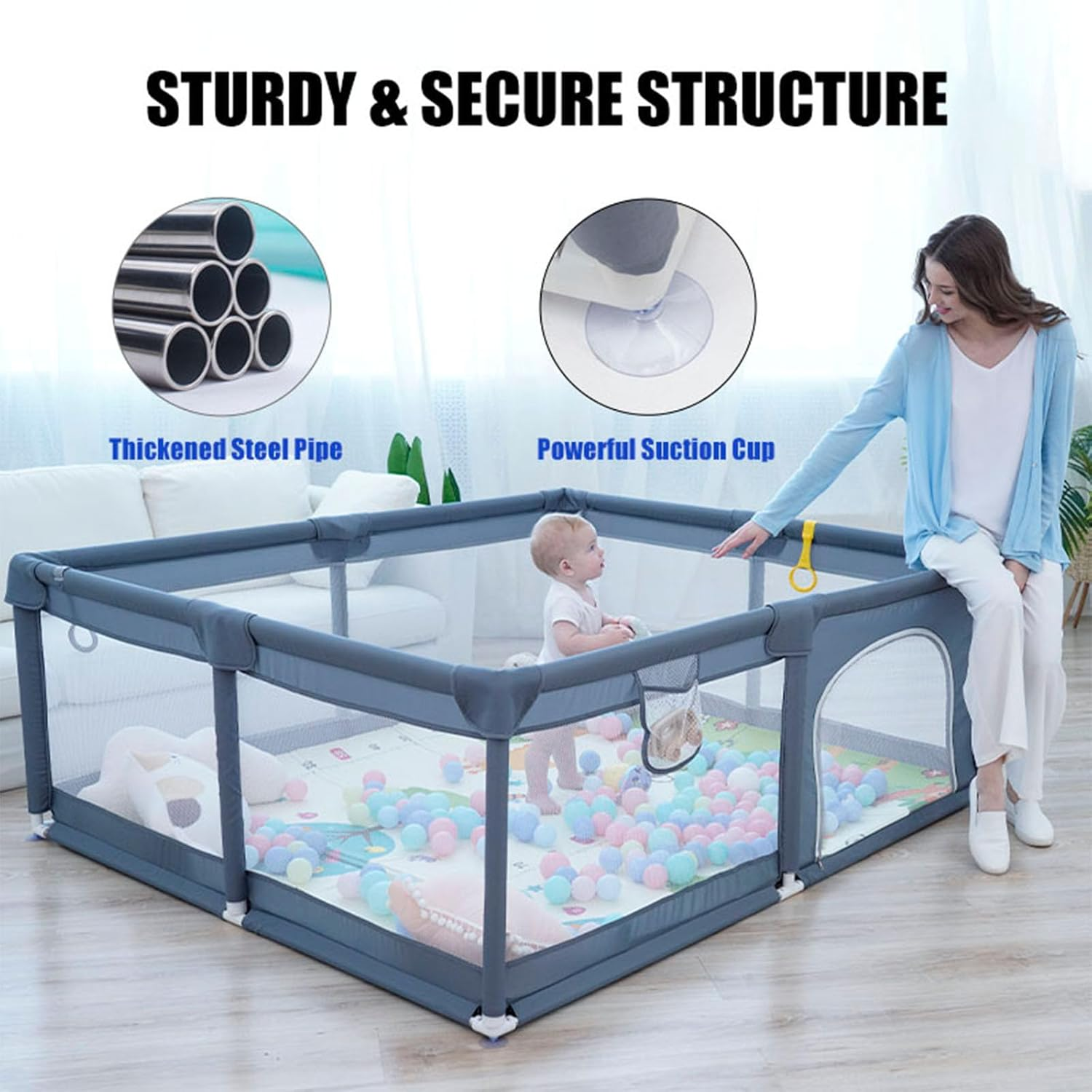 Baby Playpen, 150 X 180 X 68Cm Large Playpen for Baby and Toddlers, Large Playard, Anti-Collision Foam Playpens with Breathable Mesh for Babies, Safety Play Yard for Toddler - Grey image number 6
