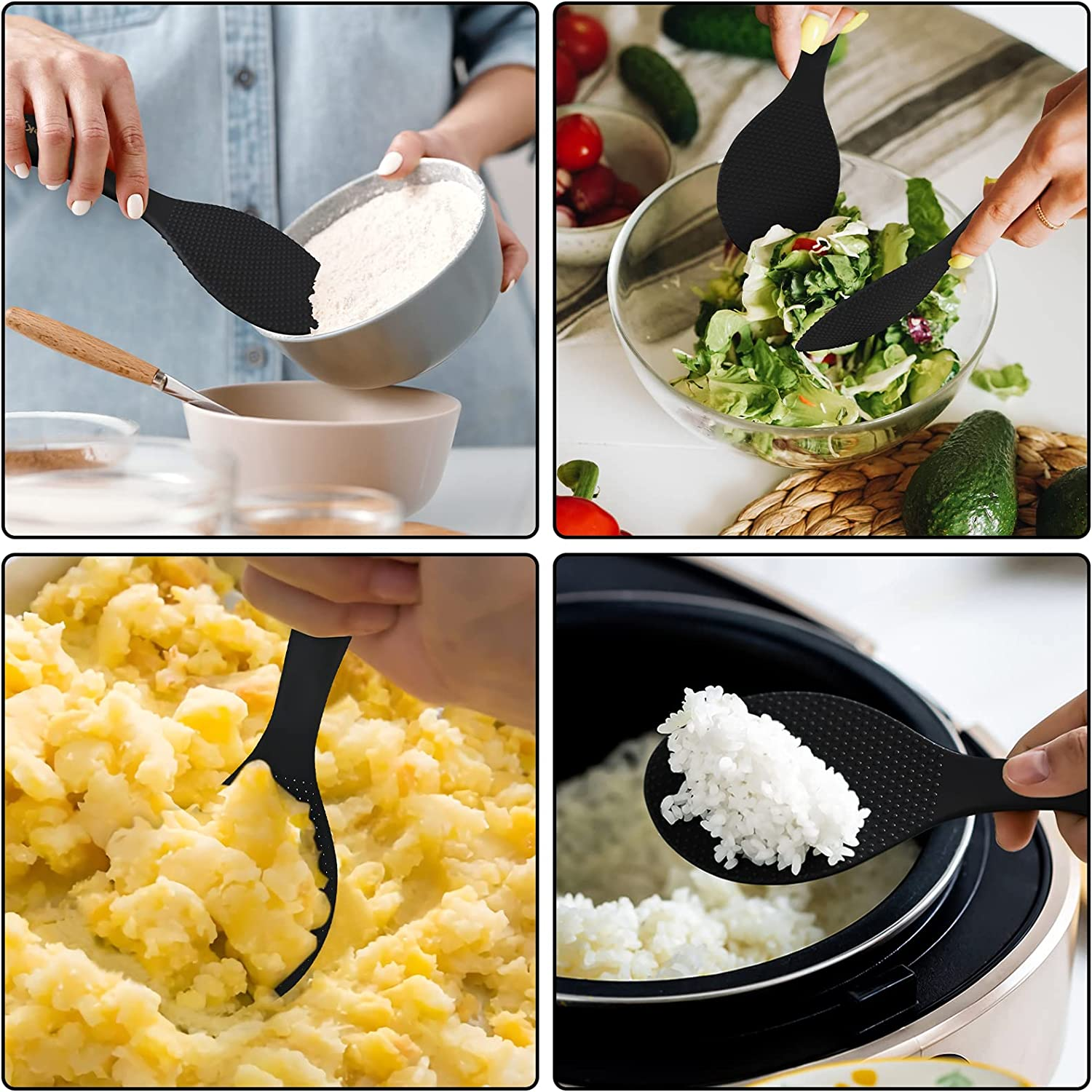 Firekylin Rice Paddle, Silicone Standing Rice Spatula with Non Stick Rice Spoon Paddle Heat Resistant Rice Cooker Spoon, Serving Spoon for Rice(Black) image number 2