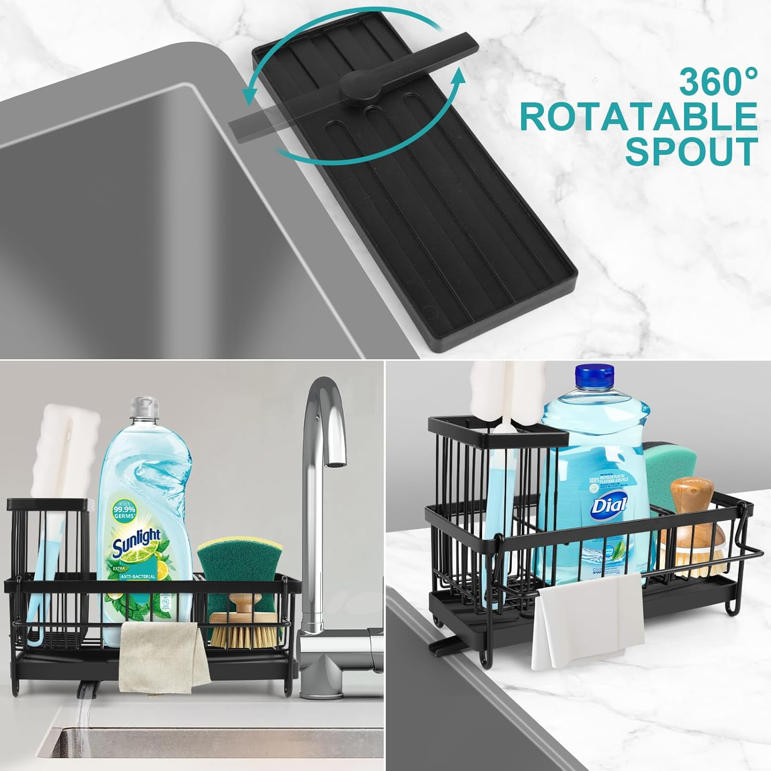 Sponge Holder for Kitchen Sink, Sink Caddy with High Brush Holder, Stainless Steel Dish Organizer Divider, Soap Dispenser Storage, Black image number 4