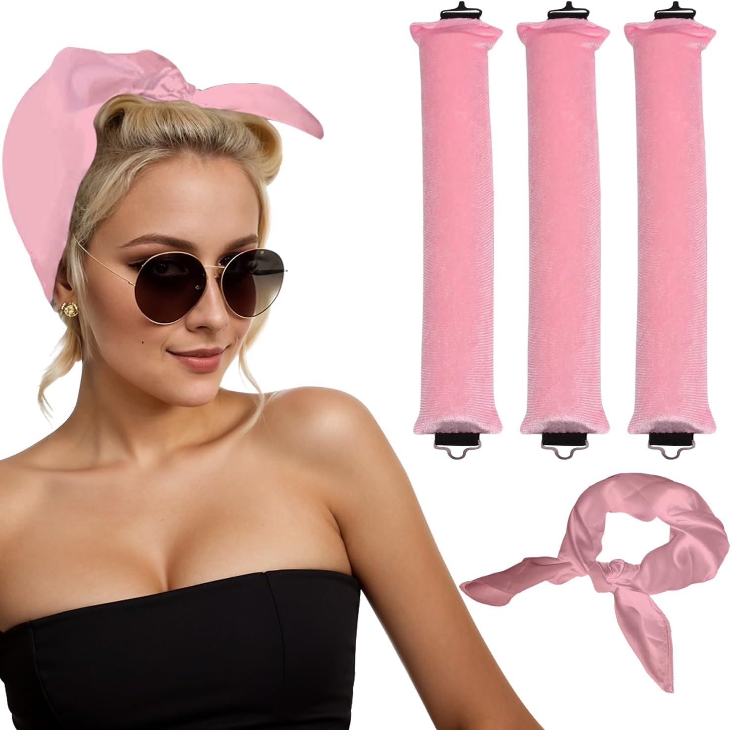 Jumbo Heatless Hair Curlers for Long Hair,H HOME-MART Overnight Wavy Hair Curlers Blowout Rods Heatless Curls Curling Headband No Heat Hair Rollers for Long Hair Volume Blow Out Women (Pink with Silk Head Scarf, One Size) image number 4