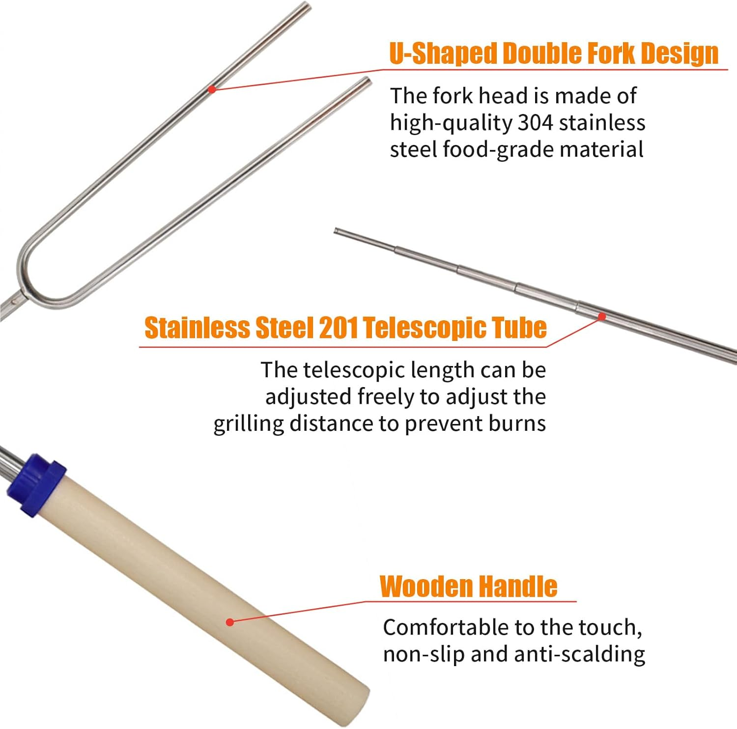 12 Pack U-Shape Marshmallow Toasting Kit, Extendable Stainless Steel Roasting Sticks with Canvas Pouch, Wooden Handle Hot Dog Skewers Toasting Fork for Camping, Picnic, Fire Pit, BBQ, Campfire Party image number 2