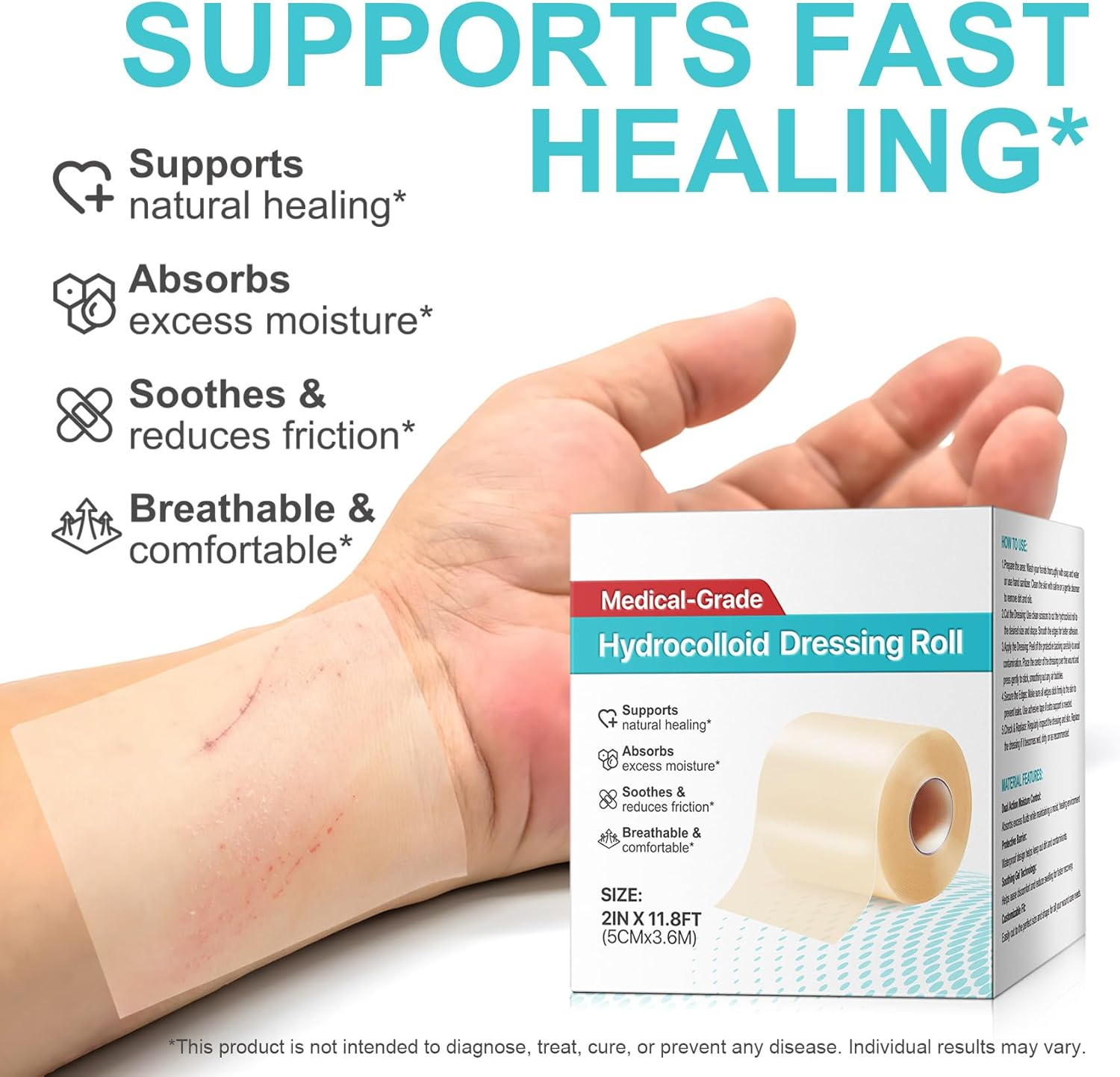 Hydrocolloid Roll for Wound Care - Cut-To-Size Hydrocolloid Patch,Extra Large Self-Adhesive Bandage,Ultra Absorbent & Waterproof Bandage,First Aid Essential (2In X 12Ft) image number 3