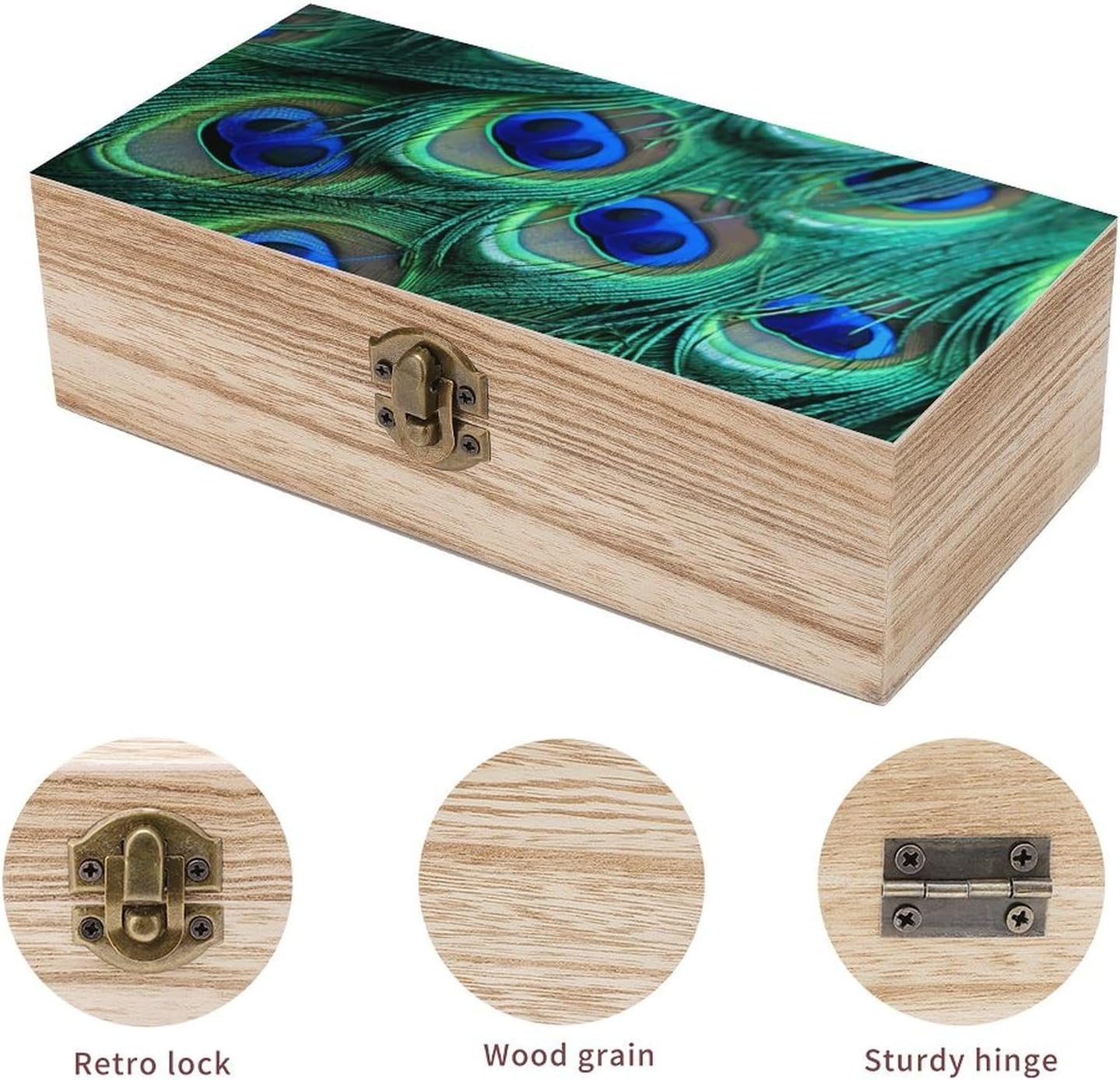 Peacock Feather Wooden Box Wood Wedding Keepsake Boxes with Lids Small Decorative Boxes Lightweight Wooden Memory Storage Box for Crafts Keepsakes Jewelry Photo Letter Storage