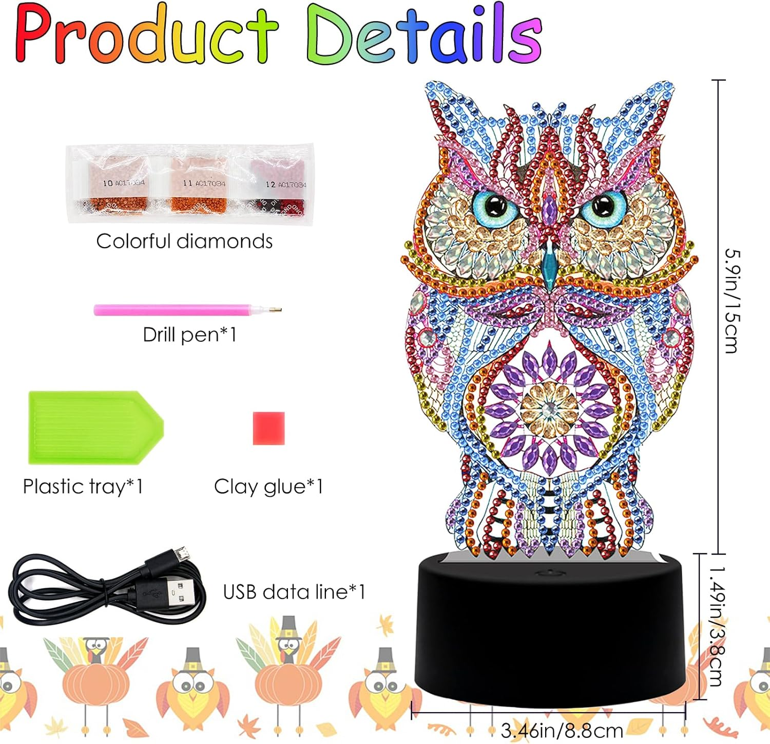 Arts and Crafts Toys for Girls Kids：Make Your Own GEM Led Colourful Night Light，3D Diamond Art Painting for 5-10 Years Old Boys Women Birthday Xmas Gift, Owl image number 2