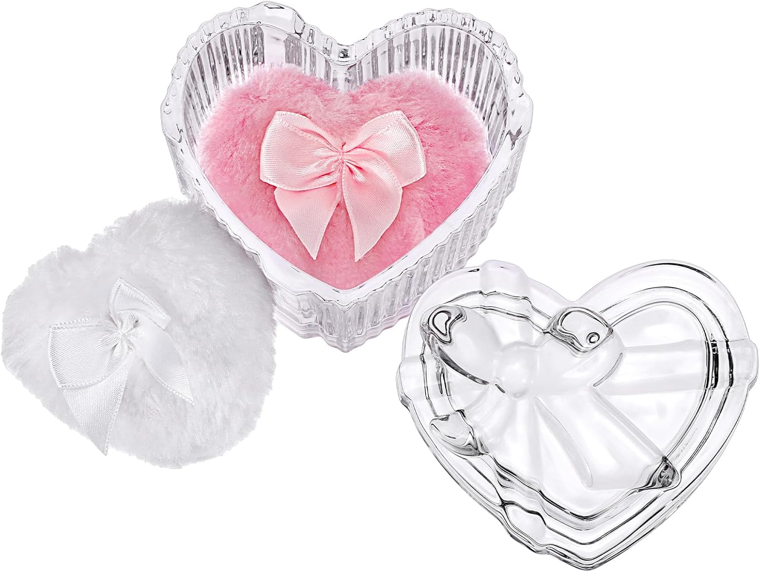 OGA Body Powder Container with Tassel Baby Powder Tin Transparent Heart Glass Box with 2 Body Powder Puff Empty Body Powder Box for Loose Powder, Talcum Powder Women Girls Birthday image number 3
